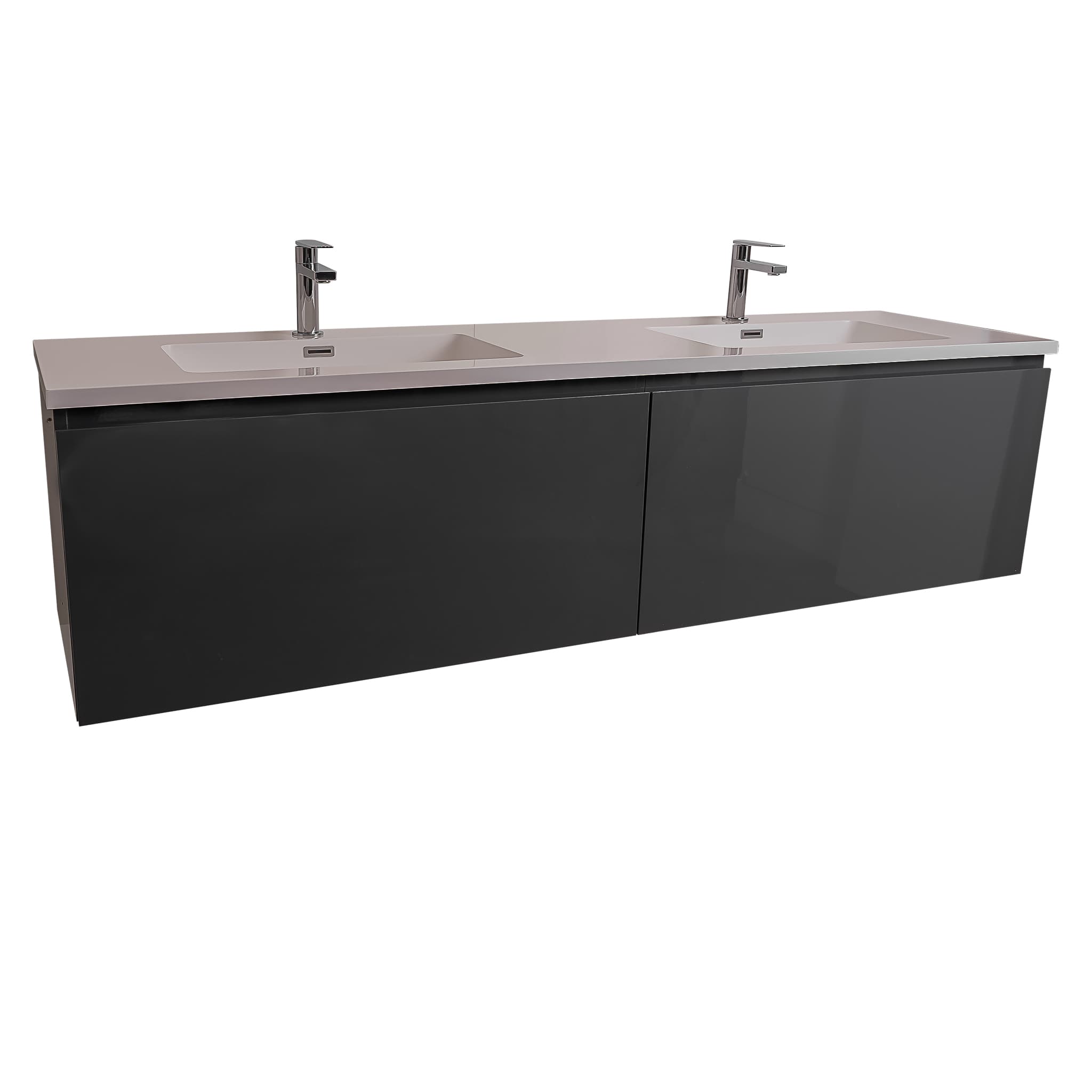 Venice 63 Anthracite High Gloss Cabinet, Square Cultured Marble Double Sink, Wall Mounted Modern Vanity Set