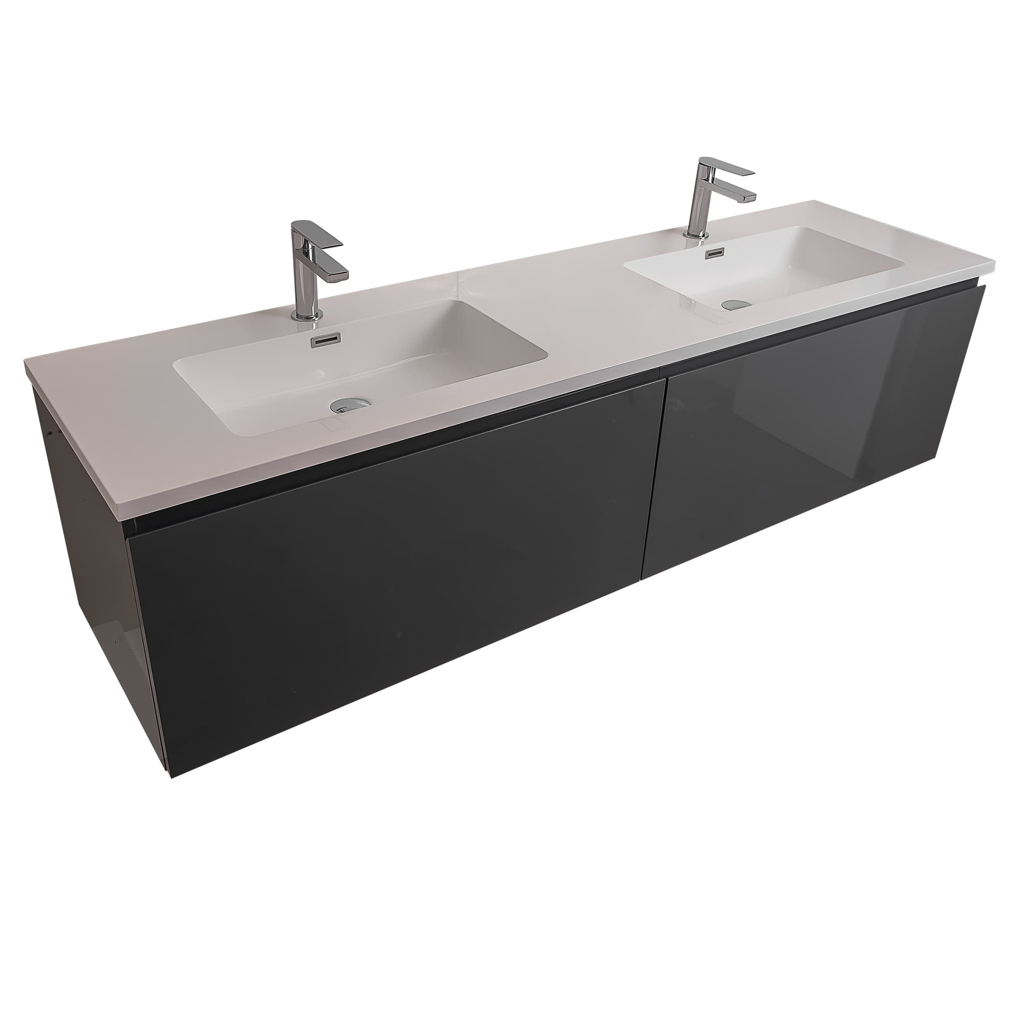 Venice 63 Anthracite High Gloss Cabinet, Square Cultured Marble Double Sink, Wall Mounted Modern Vanity Set