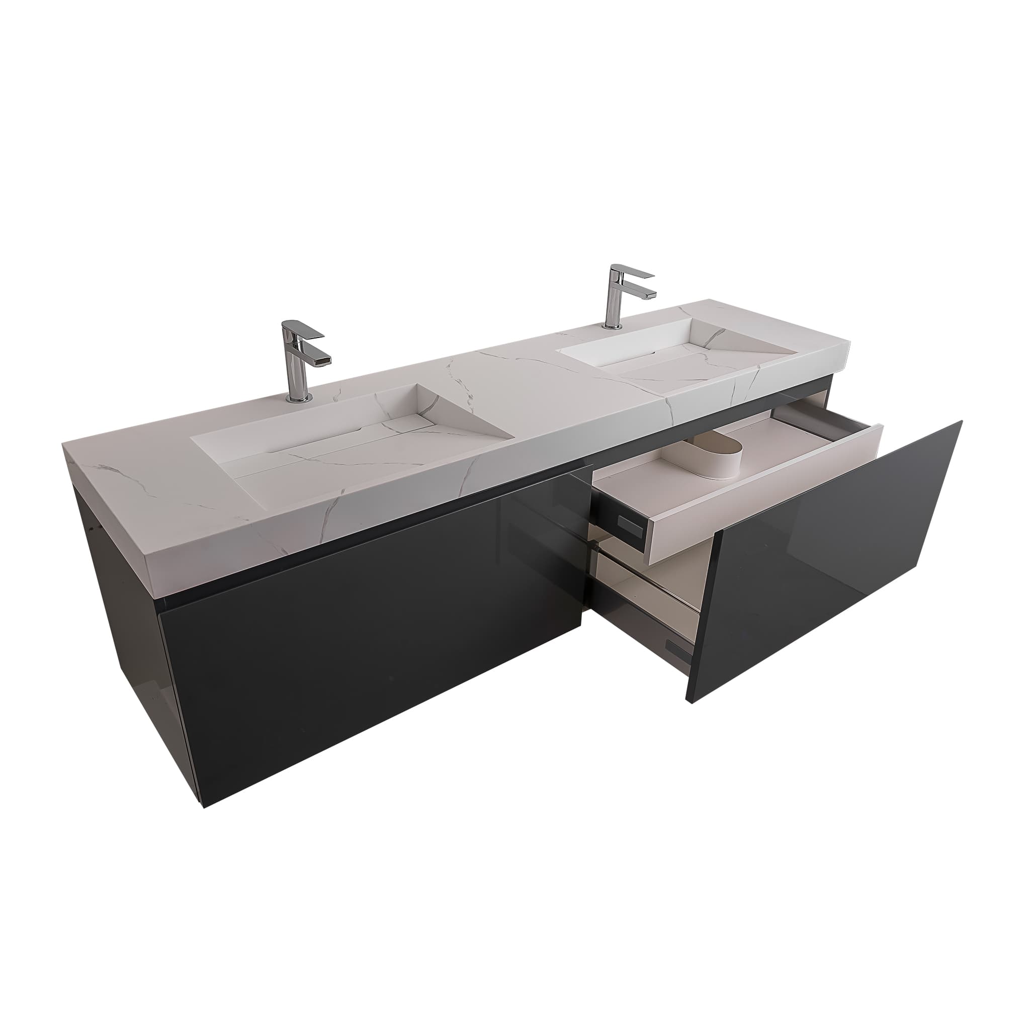 Venice 63 Anthracite High Gloss Cabinet, Solid Surface Matte White Top Carrara Infinity Double Sink, Wall Mounted Modern Vanity Set