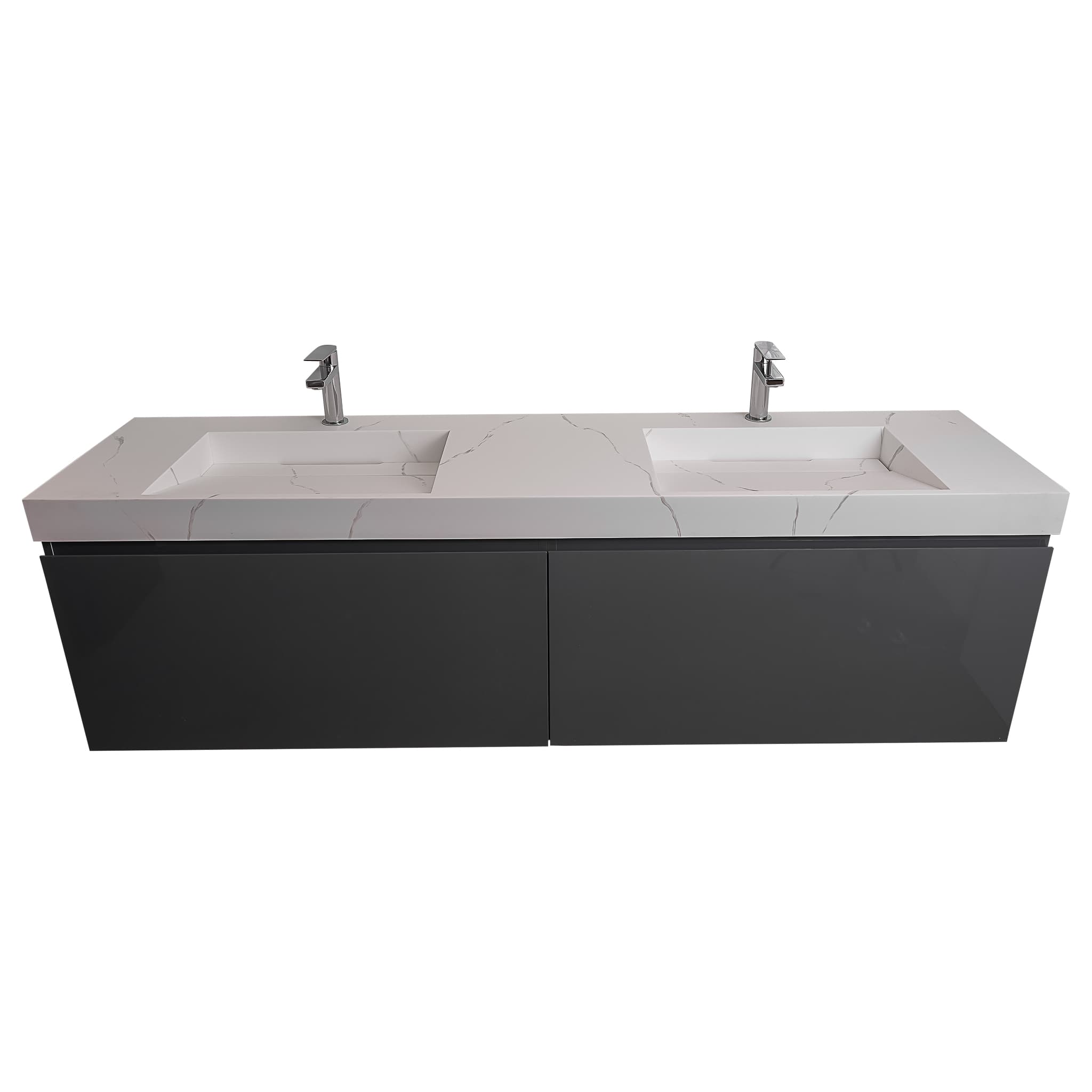 Venice 63 Anthracite High Gloss Cabinet, Solid Surface Matte White Top Carrara Infinity Double Sink, Wall Mounted Modern Vanity Set