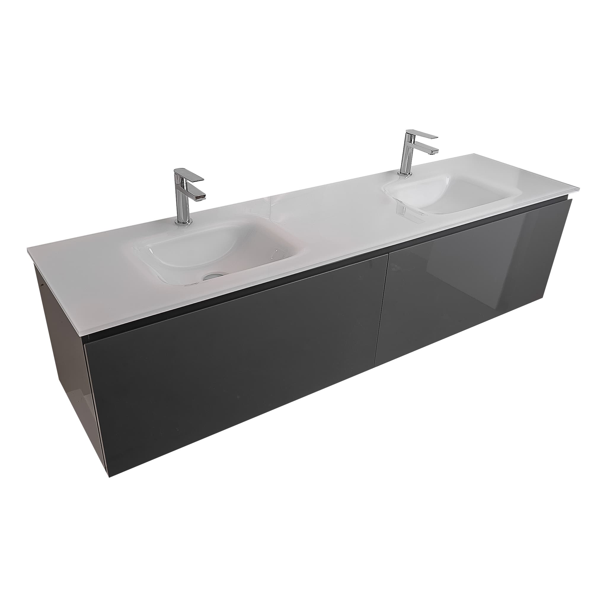 Venice 63 Anthracite High Gloss Cabinet, White Tempered Glass Double Sink, Wall Mounted Modern Vanity Set