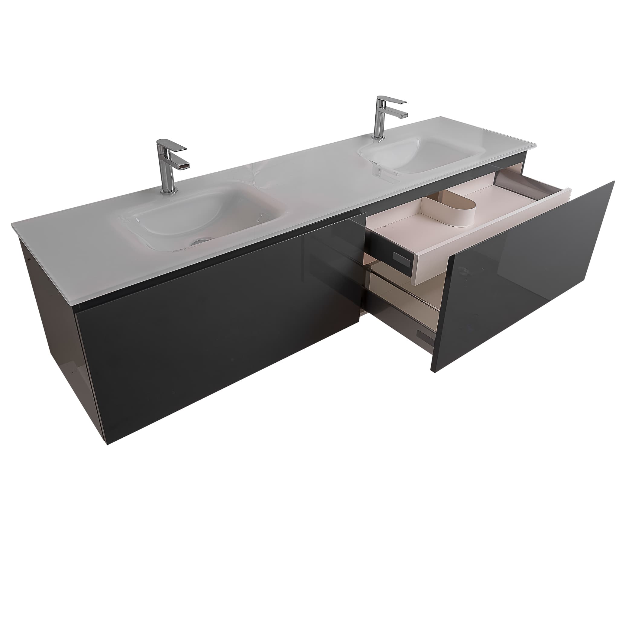 Venice 63 Anthracite High Gloss Cabinet, White Tempered Glass Double Sink, Wall Mounted Modern Vanity Set