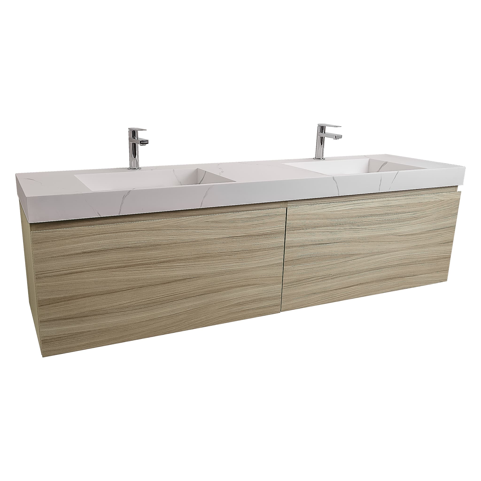 Venice 63 Nilo Grey Wood Texture Cabinet, Solid Surface Matte White Top Carrara Infinity Double Sink, Wall Mounted Modern Vanity Set