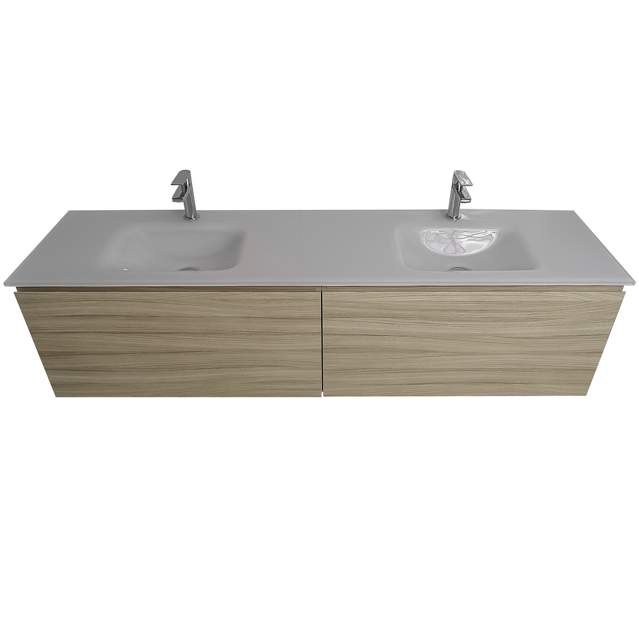 Venice 63 Nilo Grey Wood Texture Cabinet, White Tempered Glass Double Sink, Wall Mounted Modern Vanity Set