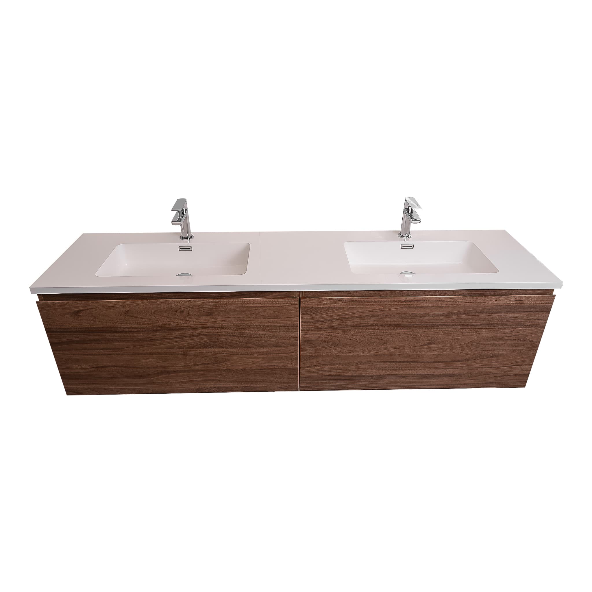 Venice 63 Walnut Wood Texture Cabinet,  Square Cultured Marble Double Sink, Wall Mounted Modern Vanity Set