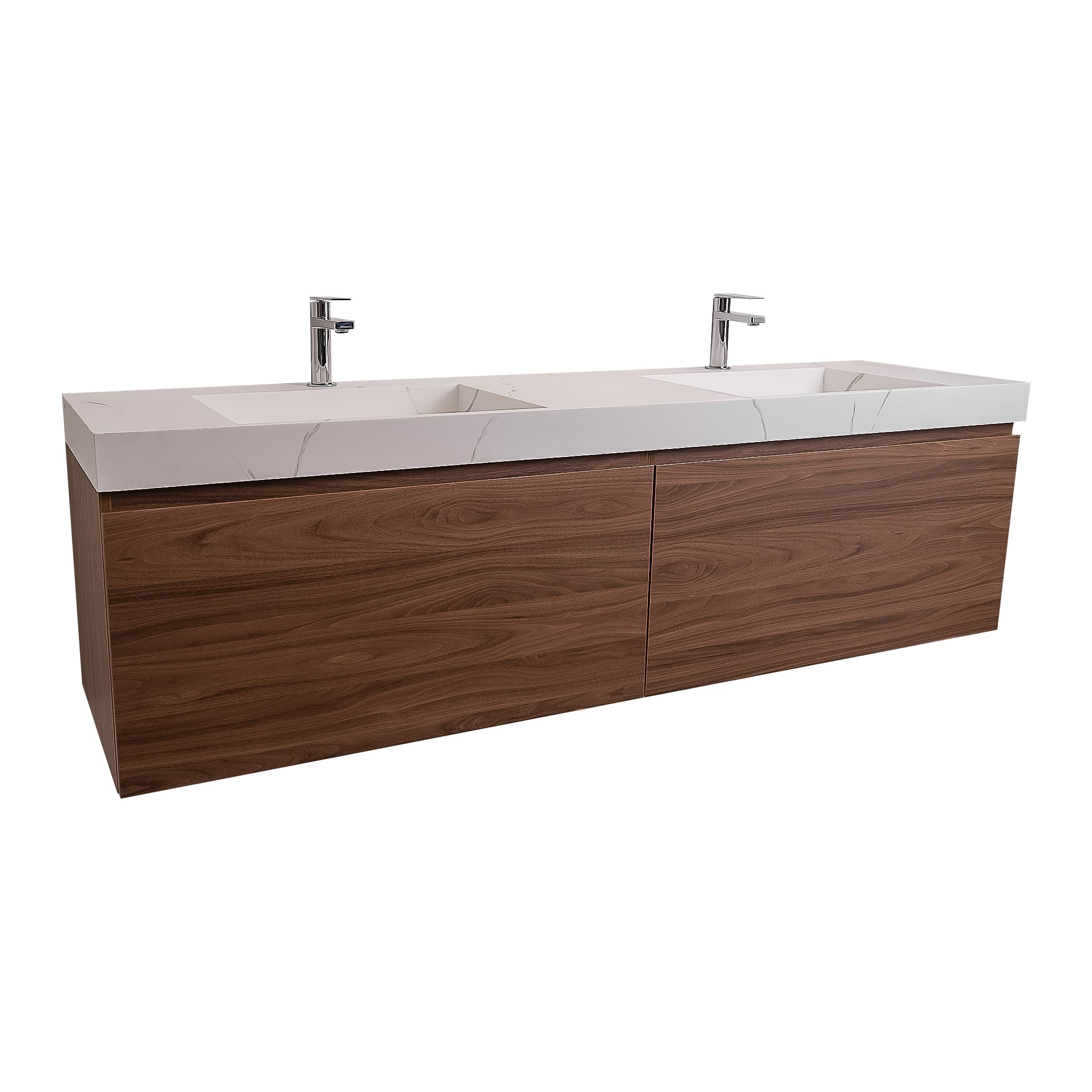 Venice 63 Walnut Wood Texture Cabinet, Solid Surface Matte White Top Carrara Infinity Double Sink, Wall Mounted Modern Vanity Set