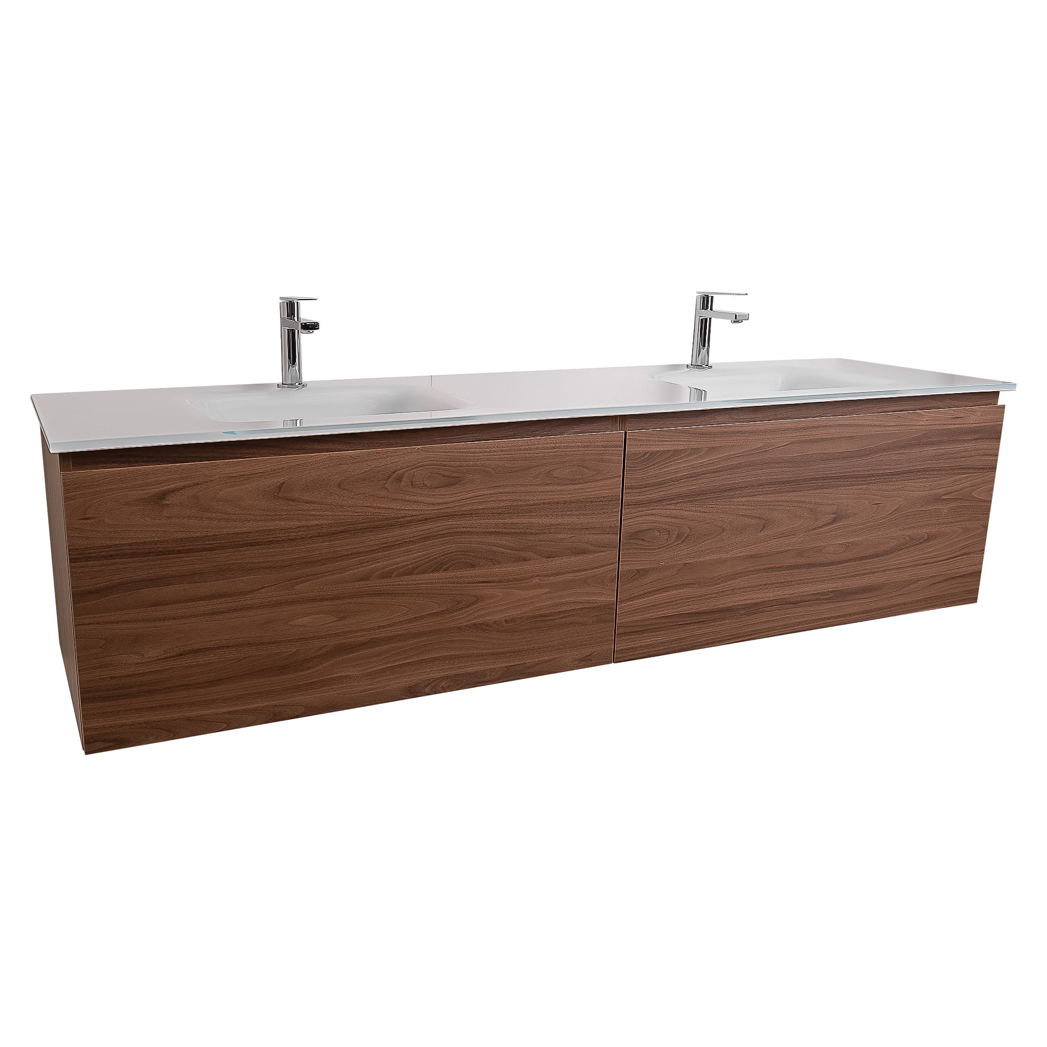 Venice 63 Walnut Wood Texture Cabinet, White Tempered Glass Double Sink, Wall Mounted Modern Vanity Set