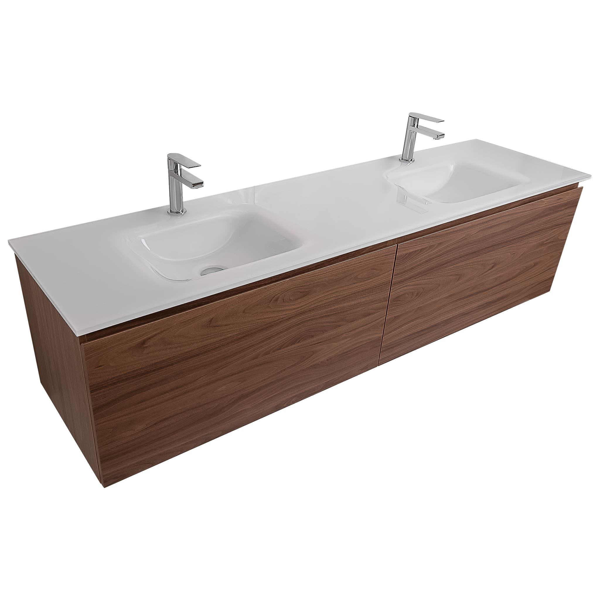 Venice 63 Walnut Wood Texture Cabinet, White Tempered Glass Double Sink, Wall Mounted Modern Vanity Set