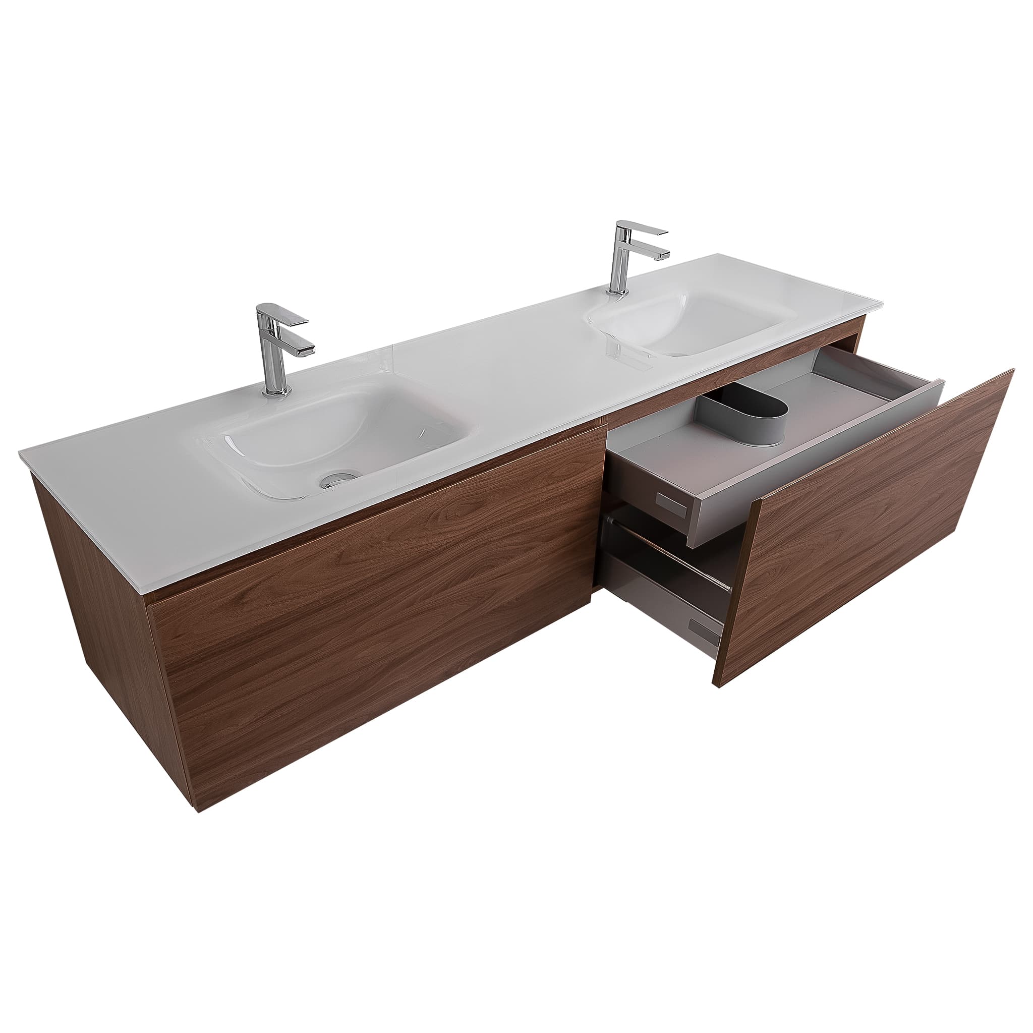 Venice 63 Walnut Wood Texture Cabinet, White Tempered Glass Double Sink, Wall Mounted Modern Vanity Set