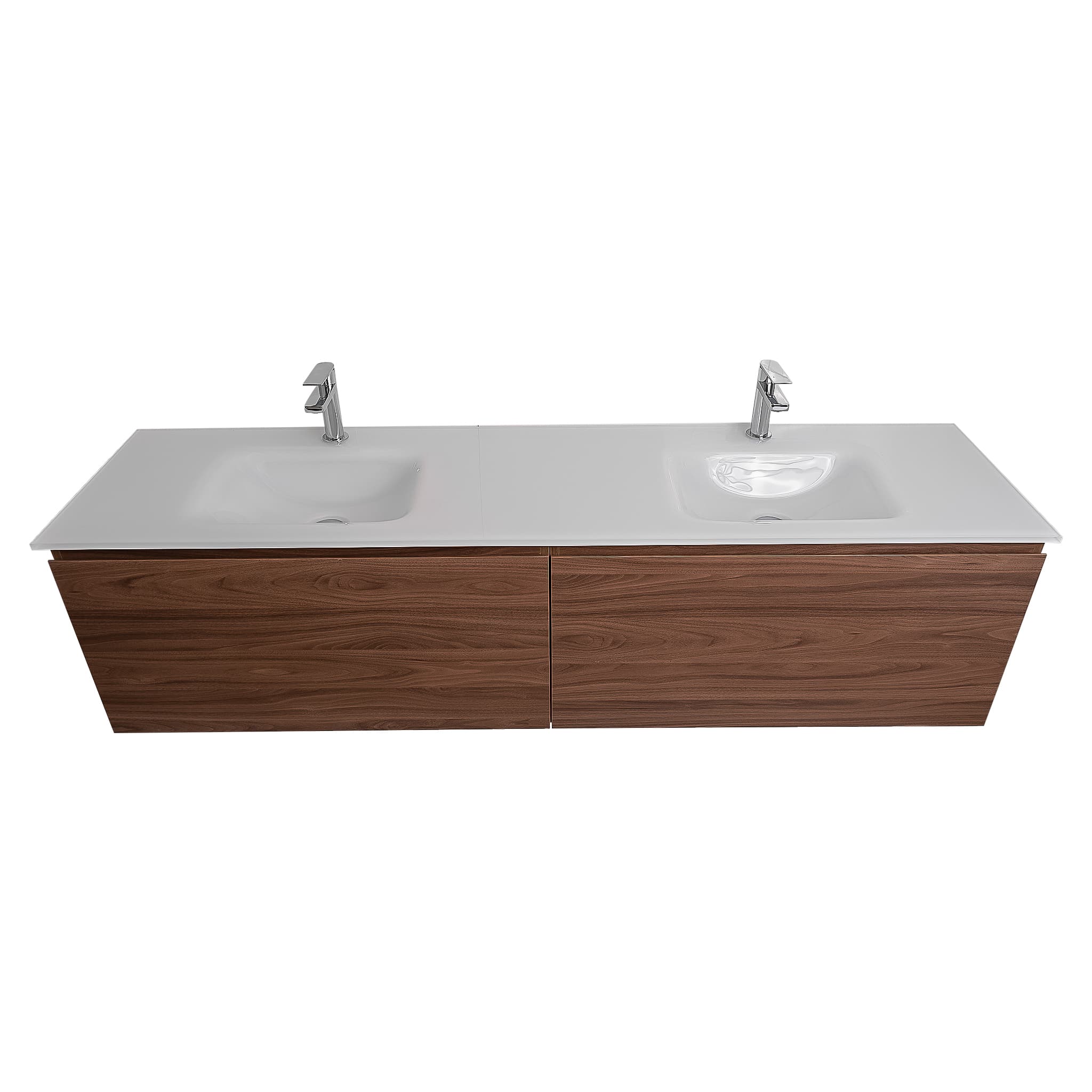 Venice 63 Walnut Wood Texture Cabinet, White Tempered Glass Double Sink, Wall Mounted Modern Vanity Set