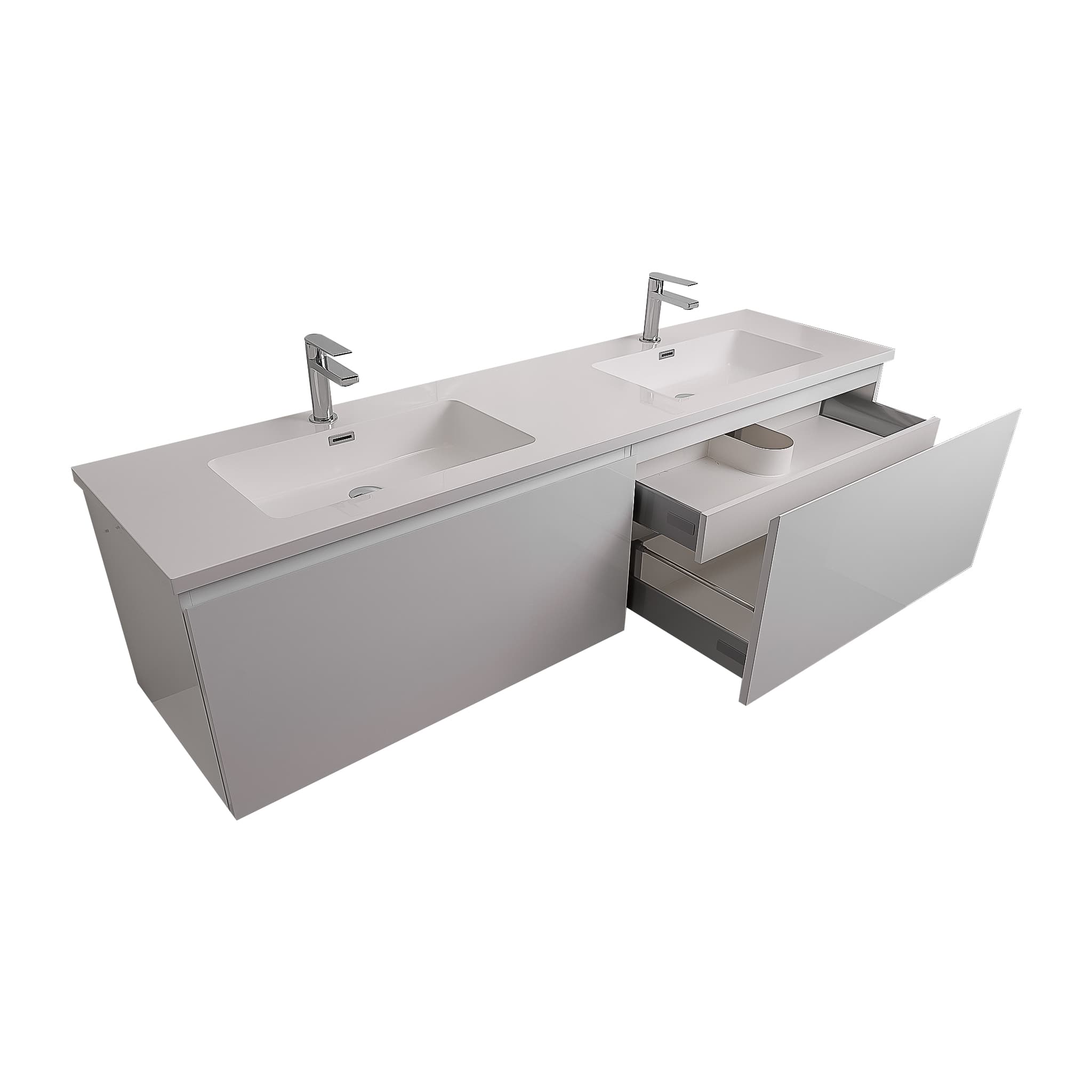 Venice 63 White High Gloss Cabinet, Square Cultured Marble Double Sink, Wall Mounted Modern Vanity Set