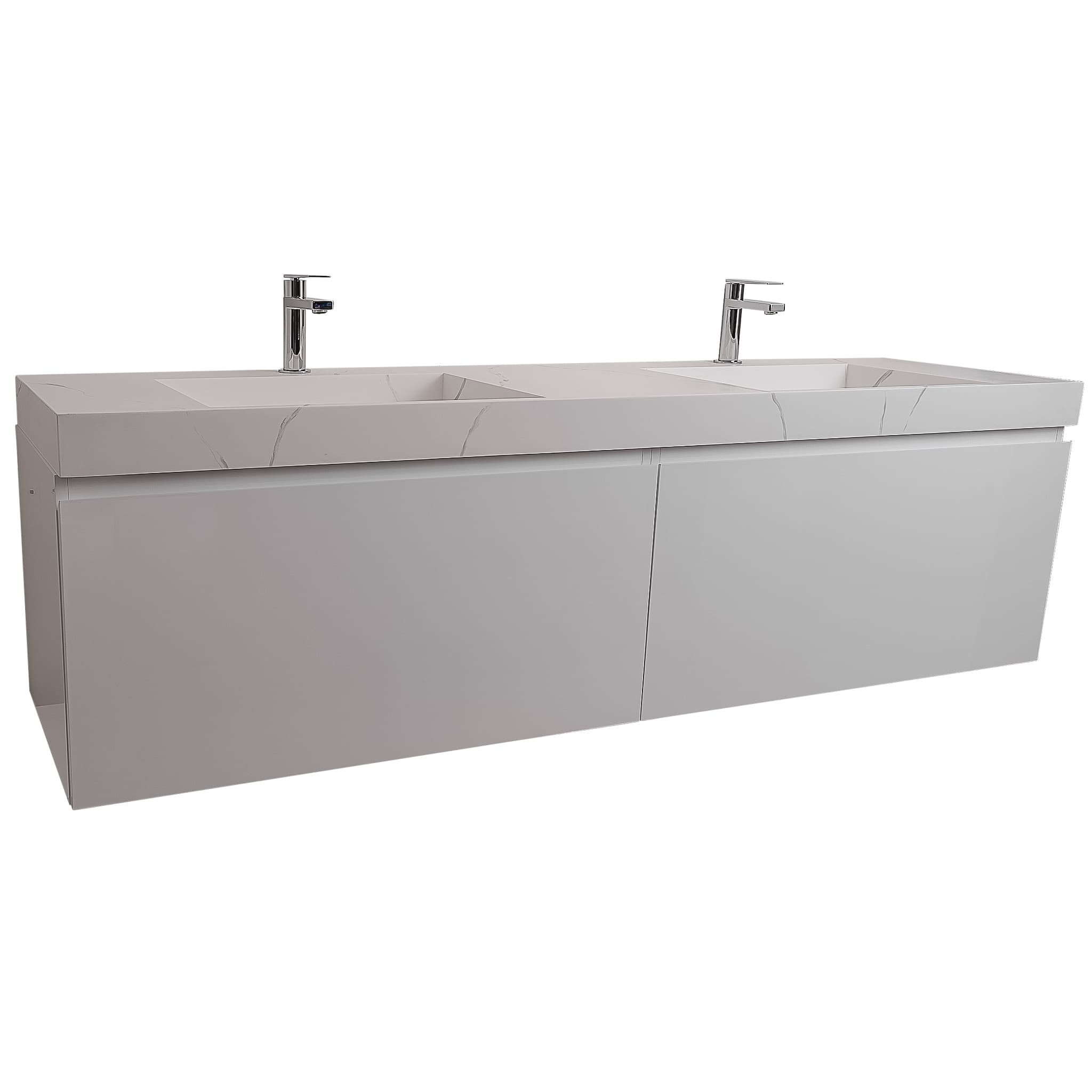Venice 63 White High Gloss Cabinet, Solid Surface Matte White Top Carrara Infinity Double Sink, Wall Mounted Modern Vanity Set