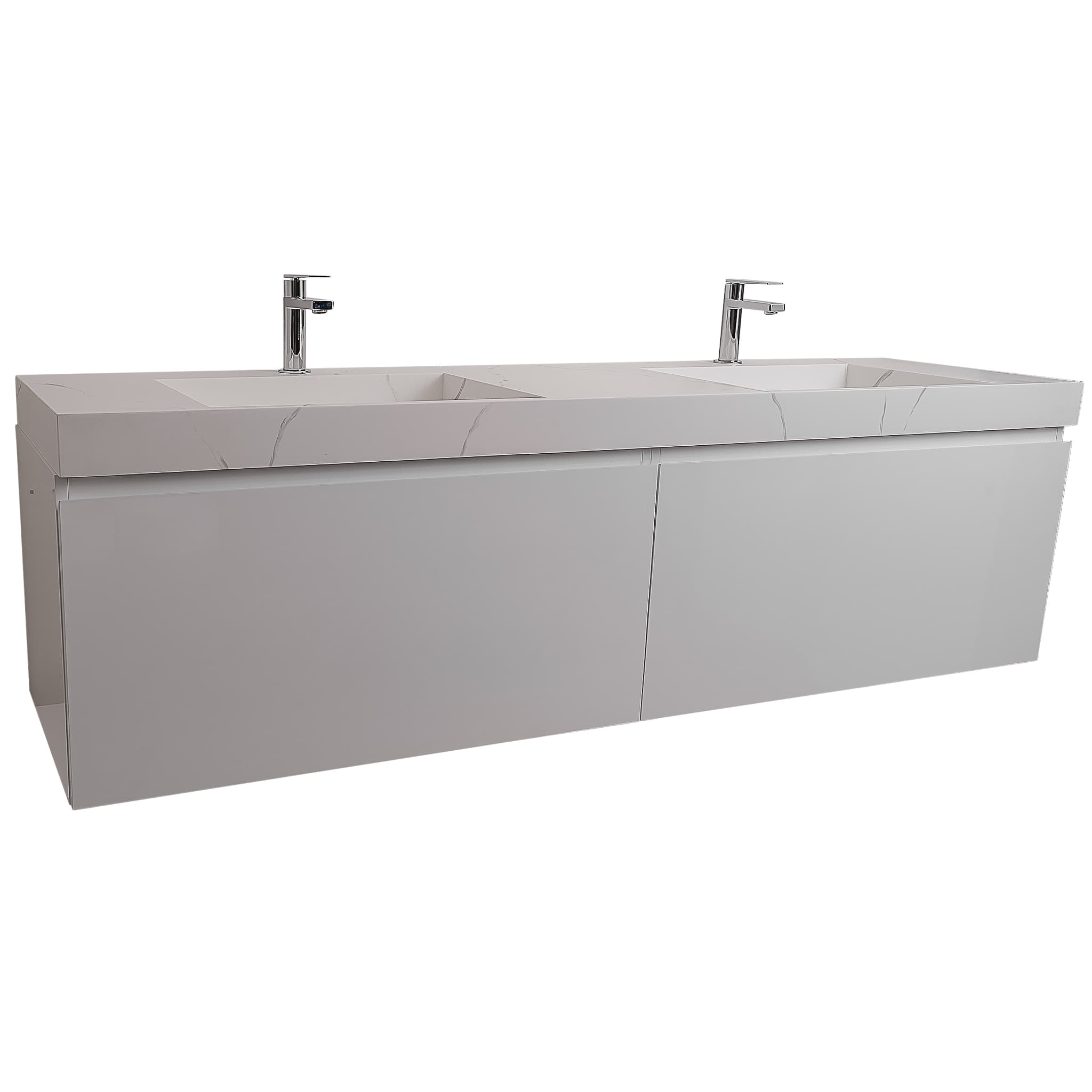 Venice 63 White High Gloss Cabinet, Solid Surface Matte White Top Carrara Infinity Double Sink, Wall Mounted Modern Vanity Set Bath Trends USA