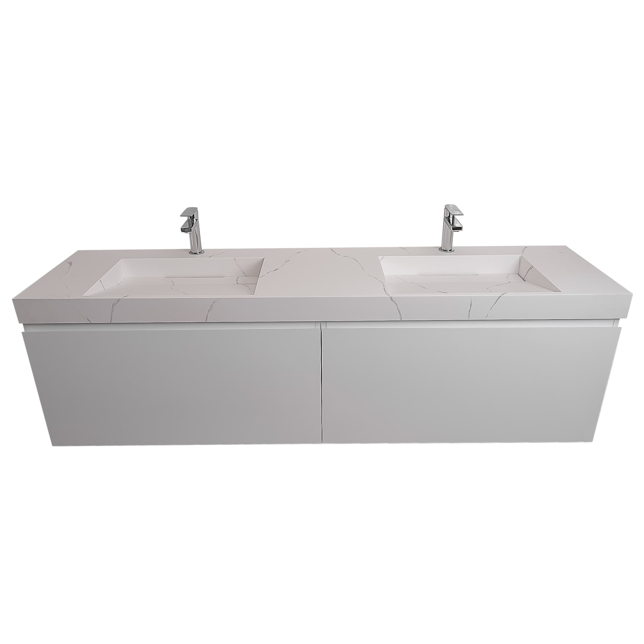 Venice 63 White High Gloss Cabinet, Solid Surface Matte White Top Carrara Infinity Double Sink, Wall Mounted Modern Vanity Set