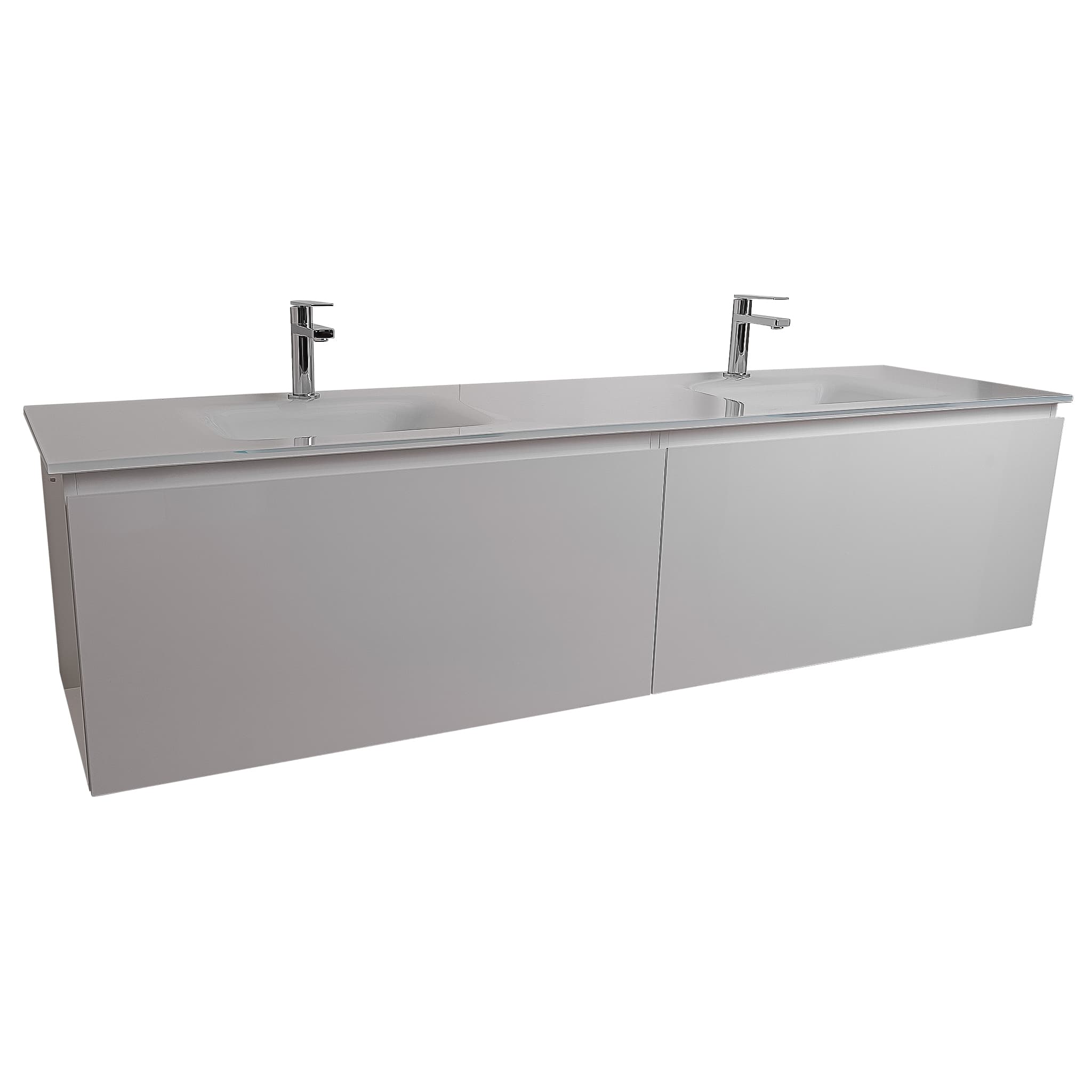 Venice 63 White High Gloss Cabinet, White Tempered Glass Double Sink, Wall Mounted Modern Vanity Set