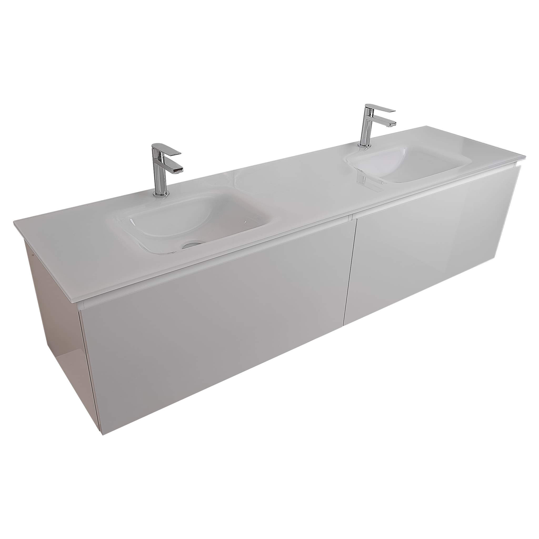 Venice 63 White High Gloss Cabinet, White Tempered Glass Double Sink, Wall Mounted Modern Vanity Set