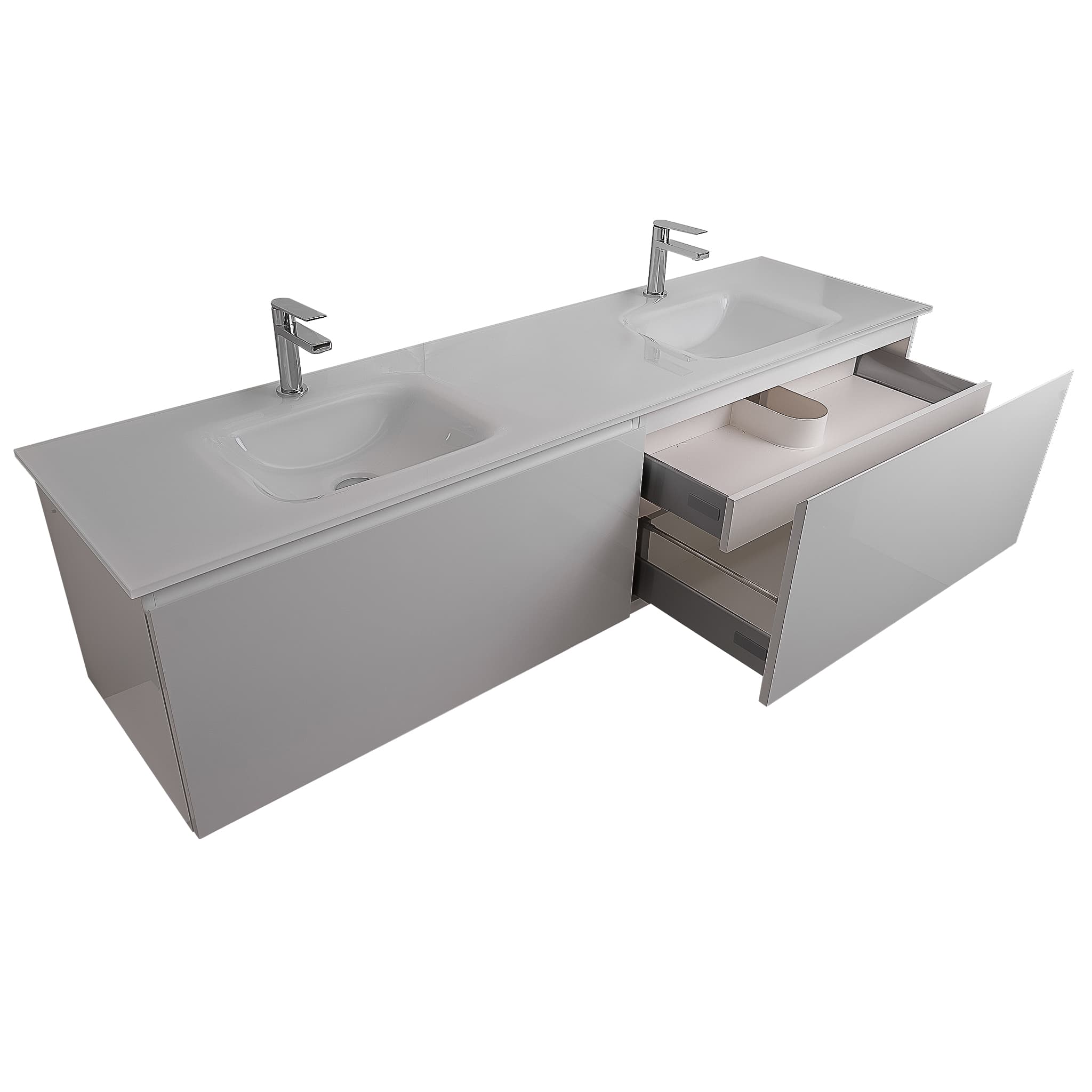 Venice 63 White High Gloss Cabinet, White Tempered Glass Double Sink, Wall Mounted Modern Vanity Set