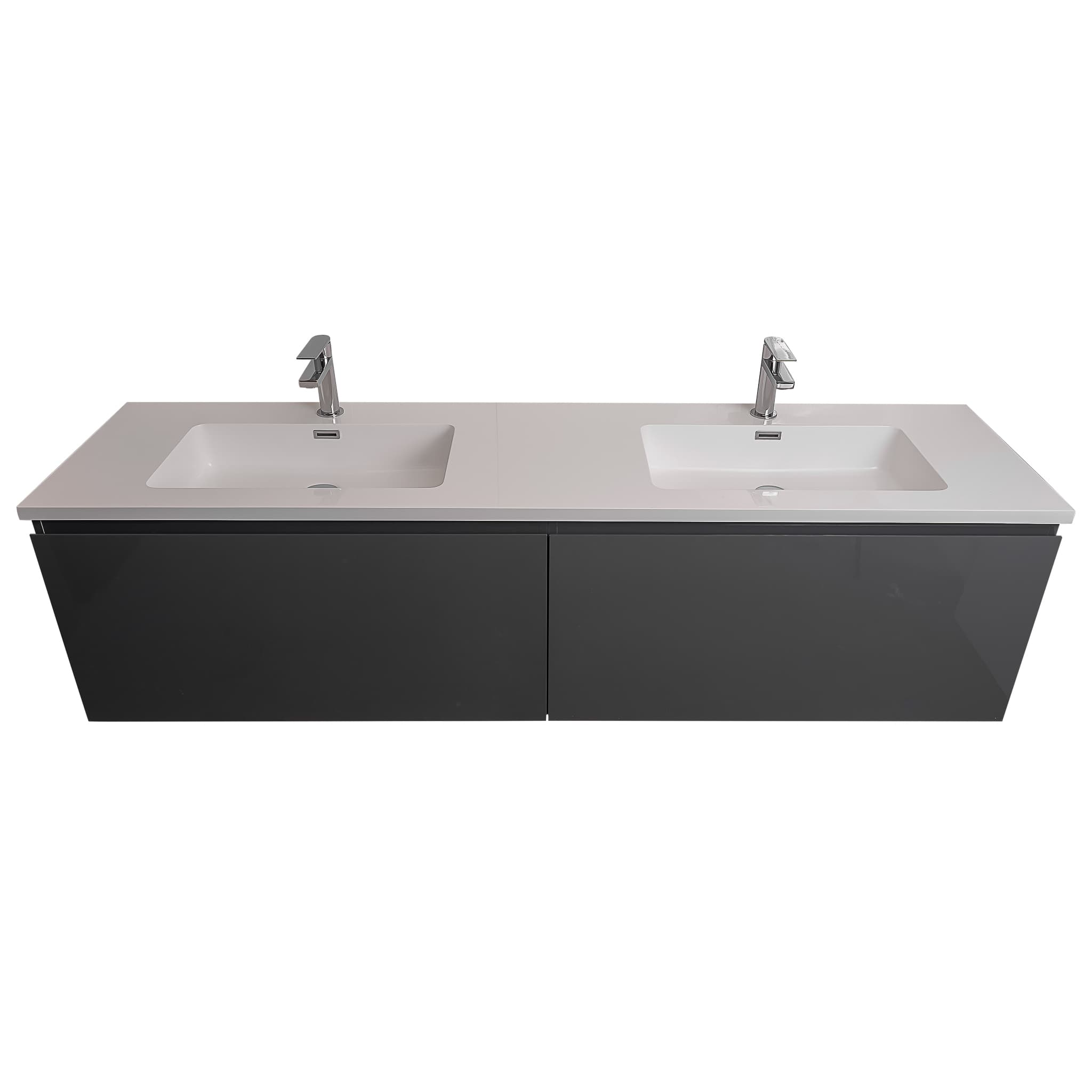 Venice 72 Anthracite High Gloss Cabinet, Square Cultured Marble Double Sink, Wall Mounted Modern Vanity Set