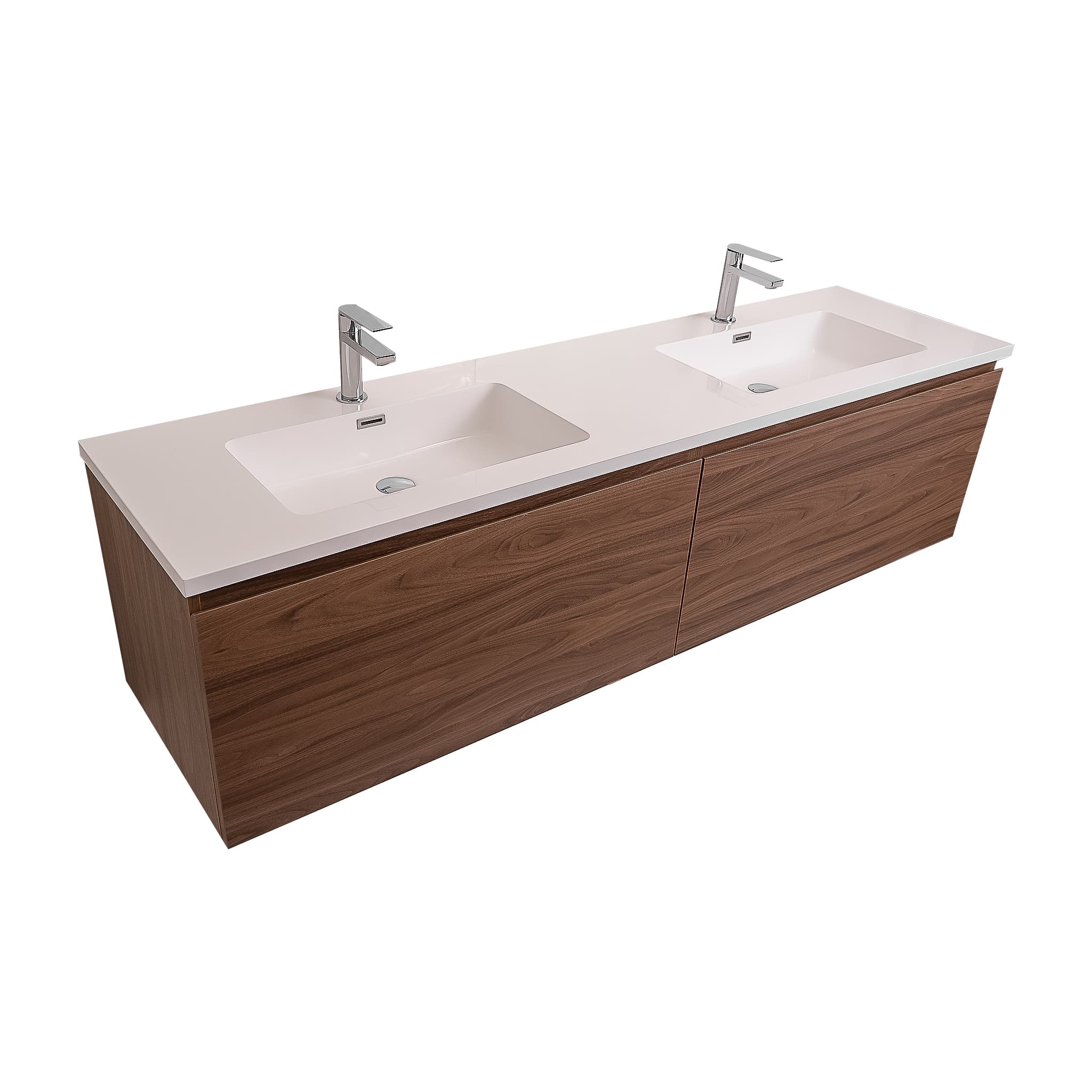 Venice 72 Walnut Wood Texture Cabinet,  Square Cultured Marble Double Sink, Wall Mounted Modern Vanity Set