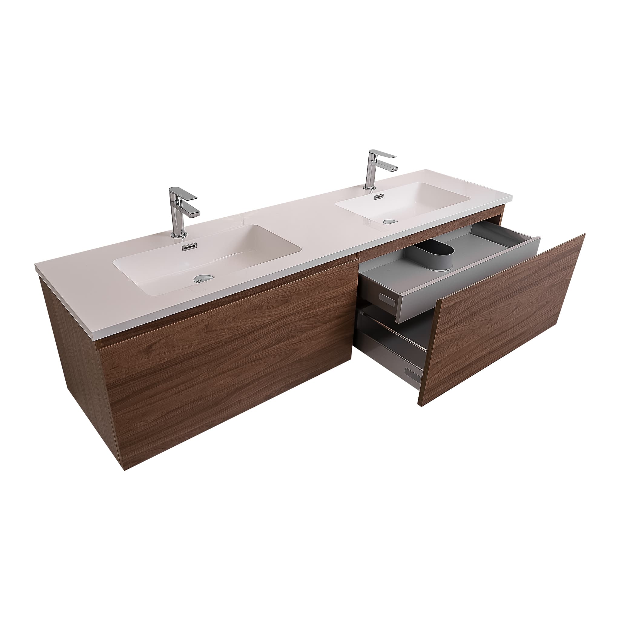 Venice 72 Walnut Wood Texture Cabinet,  Square Cultured Marble Double Sink, Wall Mounted Modern Vanity Set