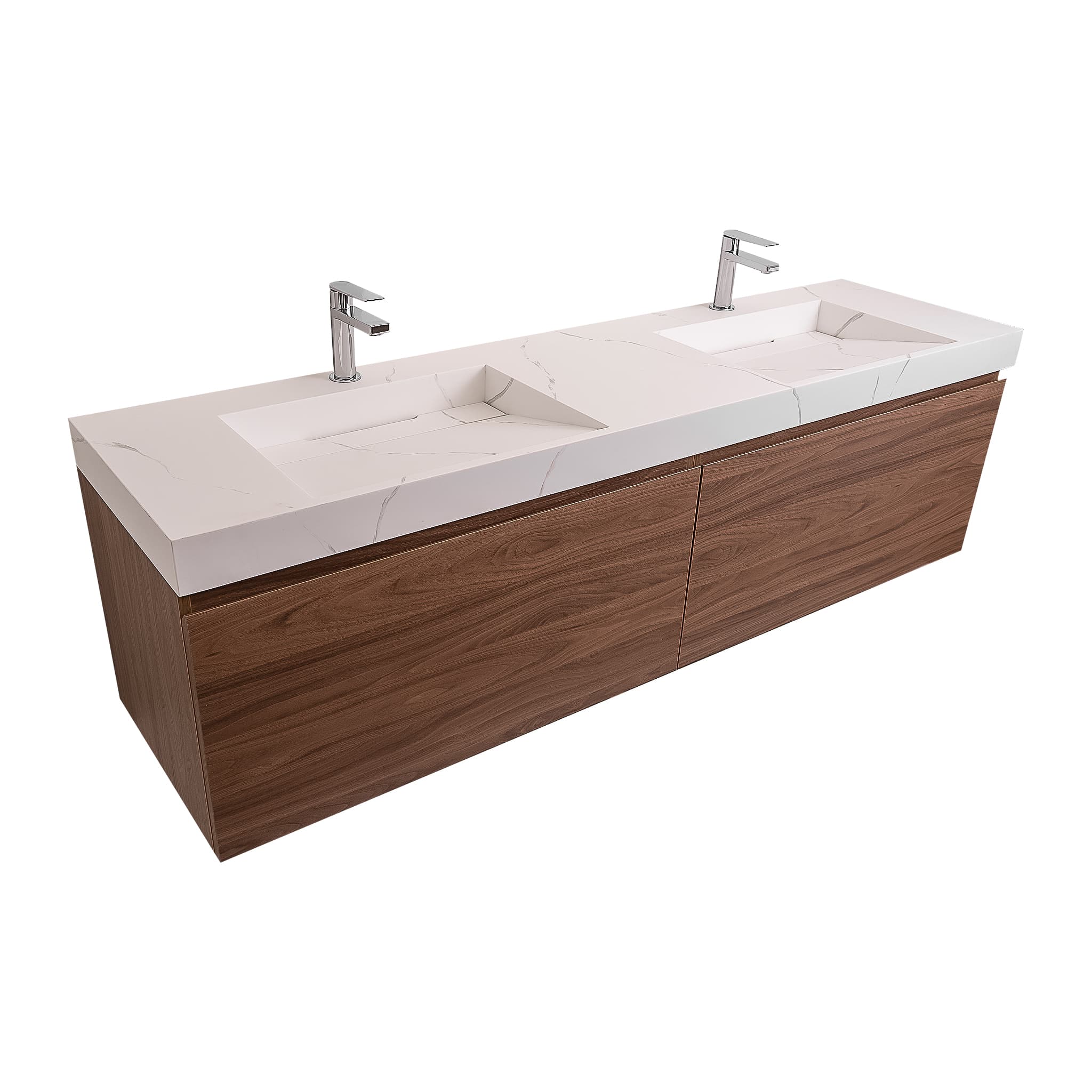 Venice 72 Walnut Wood Texture Cabinet, Solid Surface Matte White Top Carrara Infinity Double Sink, Wall Mounted Modern Vanity Set Bath Trends USA