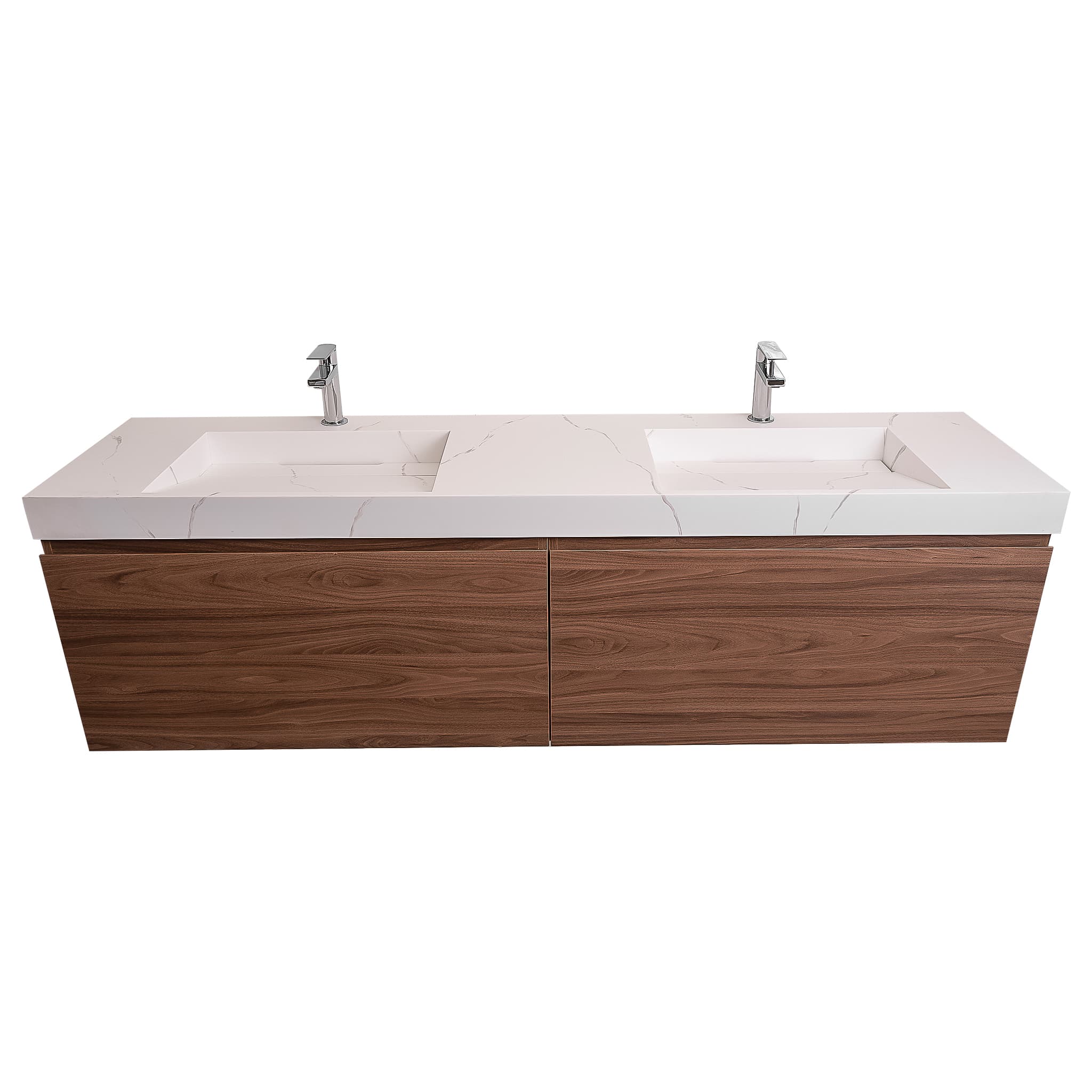 Venice 72 Walnut Wood Texture Cabinet, Solid Surface Matte White Top Carrara Infinity Double Sink, Wall Mounted Modern Vanity Set