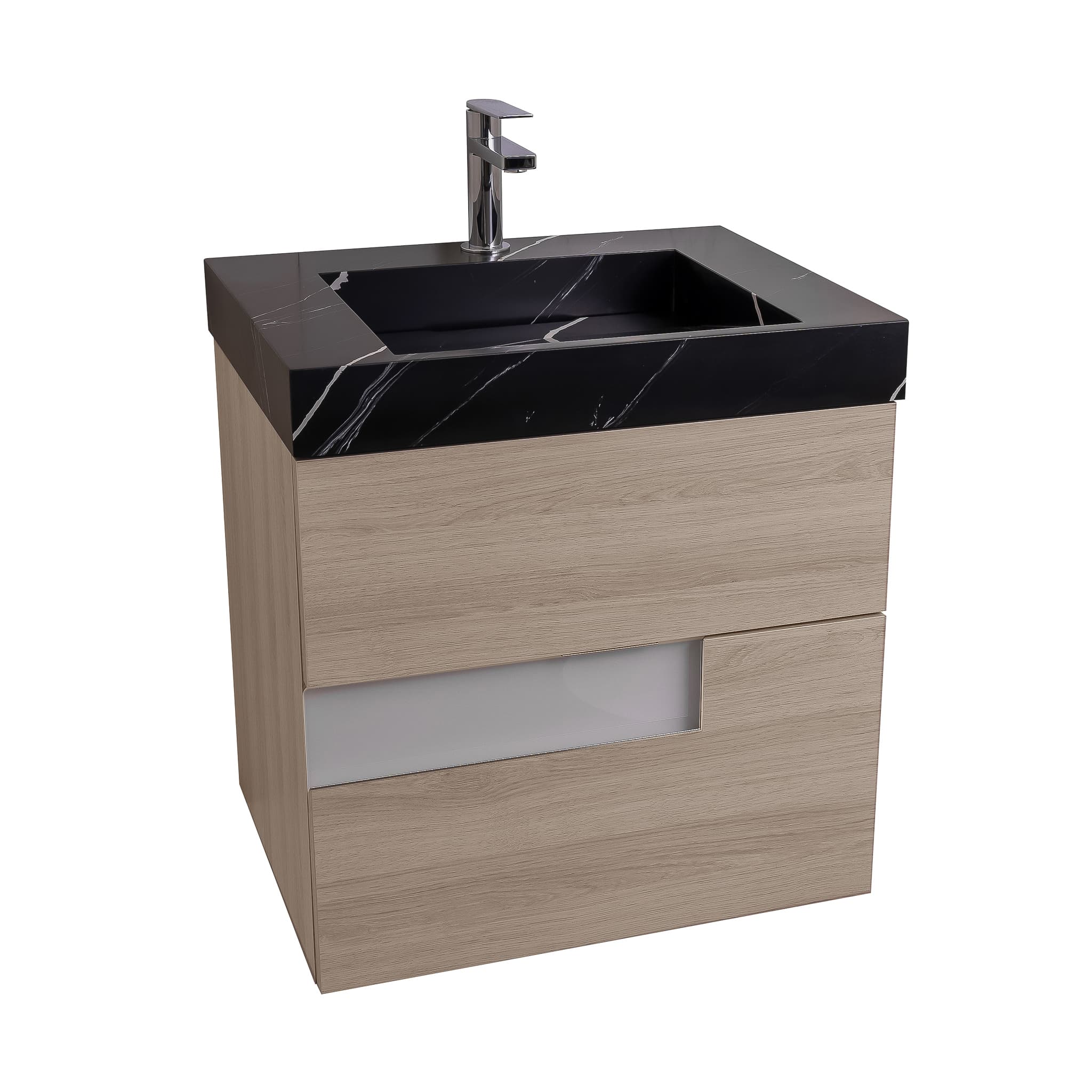 Vision 23.5 Natural Light Wood Cabinet, Solid Surface Matte Black Carrara Infinity Sink, Wall Mounted Modern Vanity Set