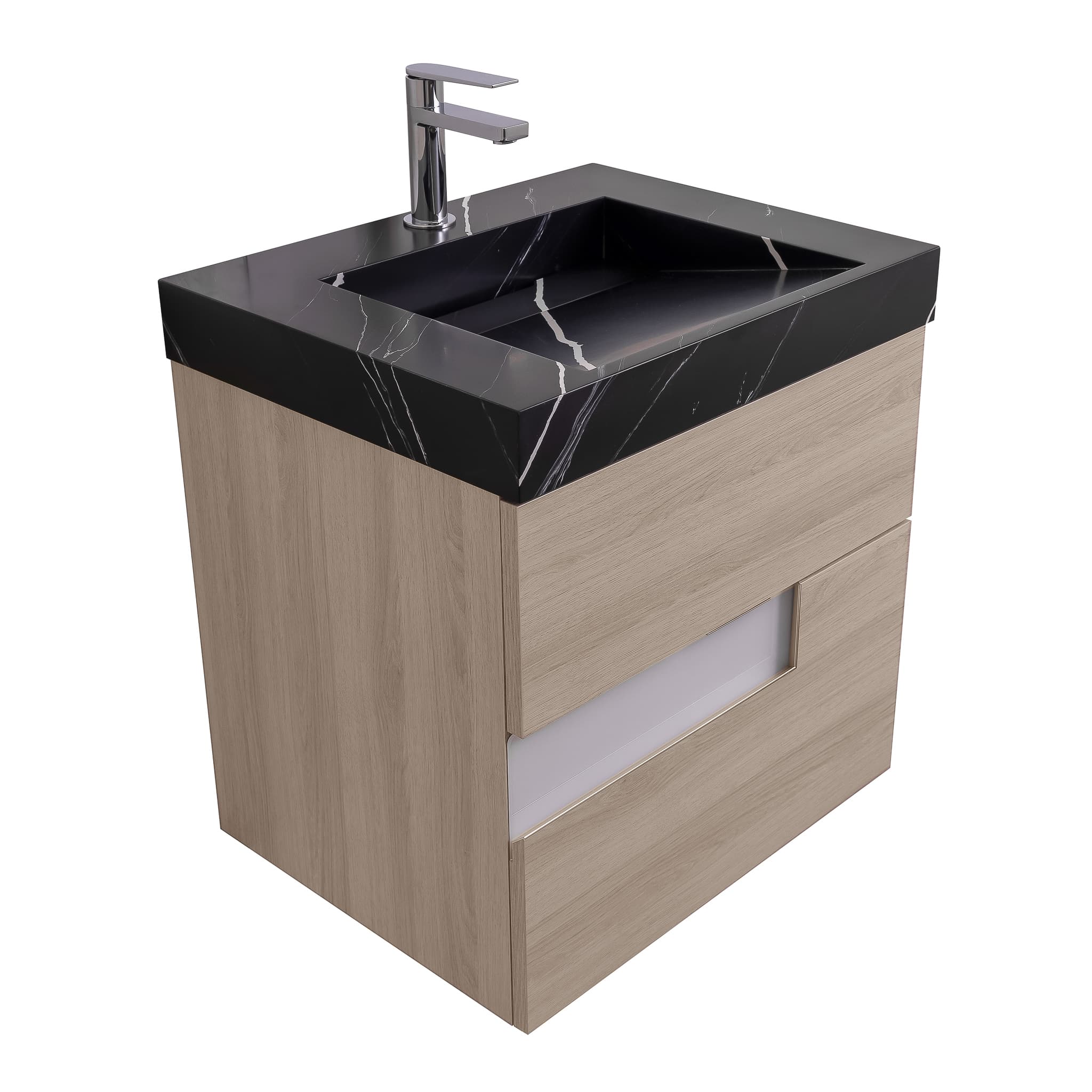 Vision 23.5 Natural Light Wood Cabinet, Solid Surface Matte Black Carrara Infinity Sink, Wall Mounted Modern Vanity Set