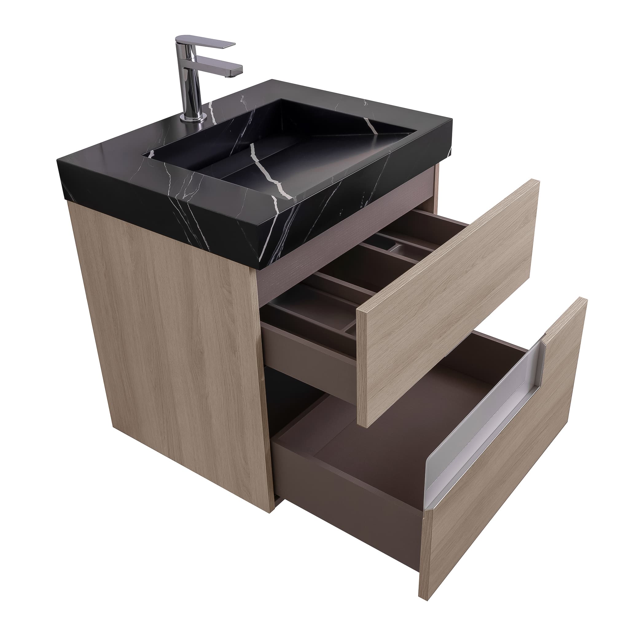 Vision 23.5 Natural Light Wood Cabinet, Solid Surface Matte Black Carrara Infinity Sink, Wall Mounted Modern Vanity Set