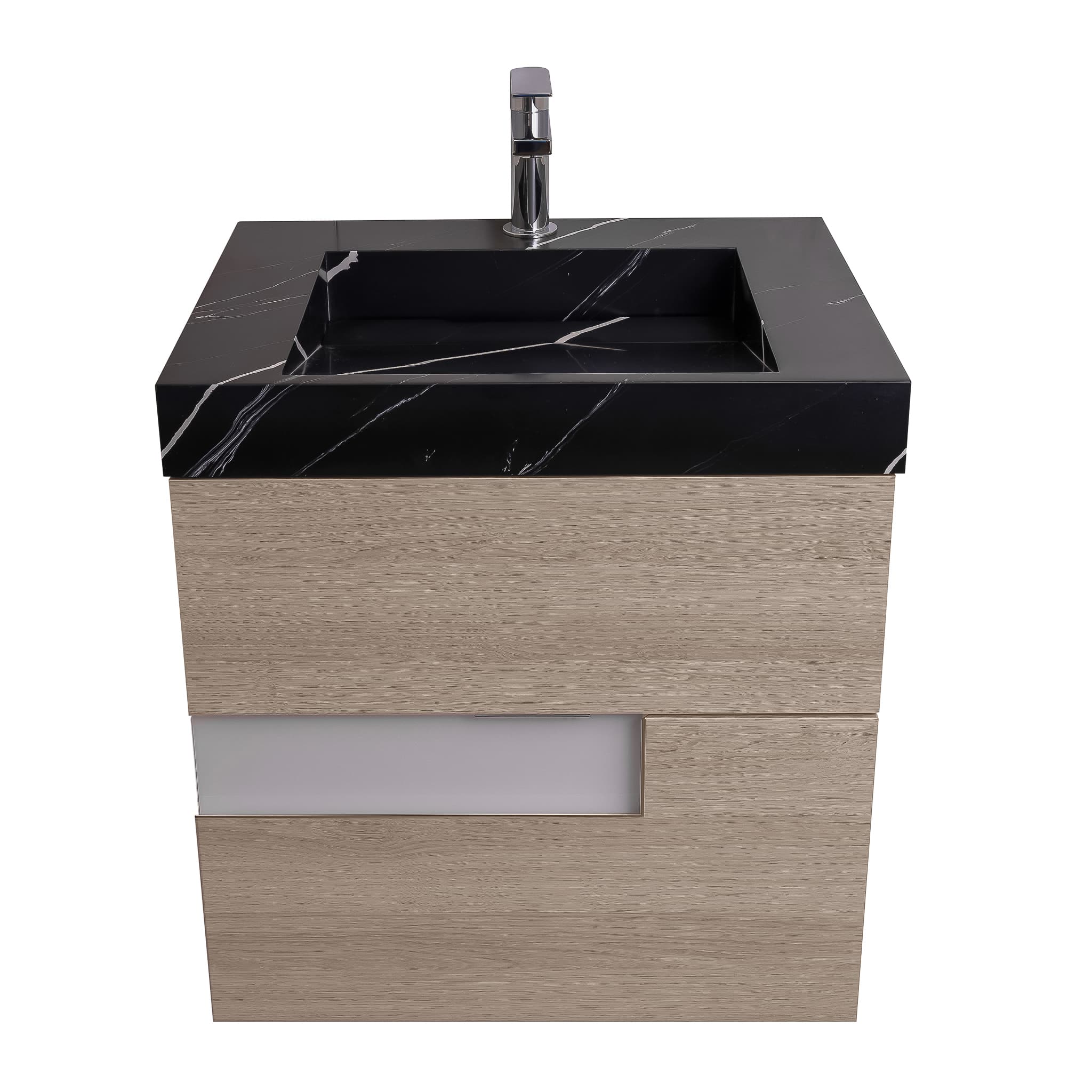 Vision 23.5 Natural Light Wood Cabinet, Solid Surface Matte Black Carrara Infinity Sink, Wall Mounted Modern Vanity Set
