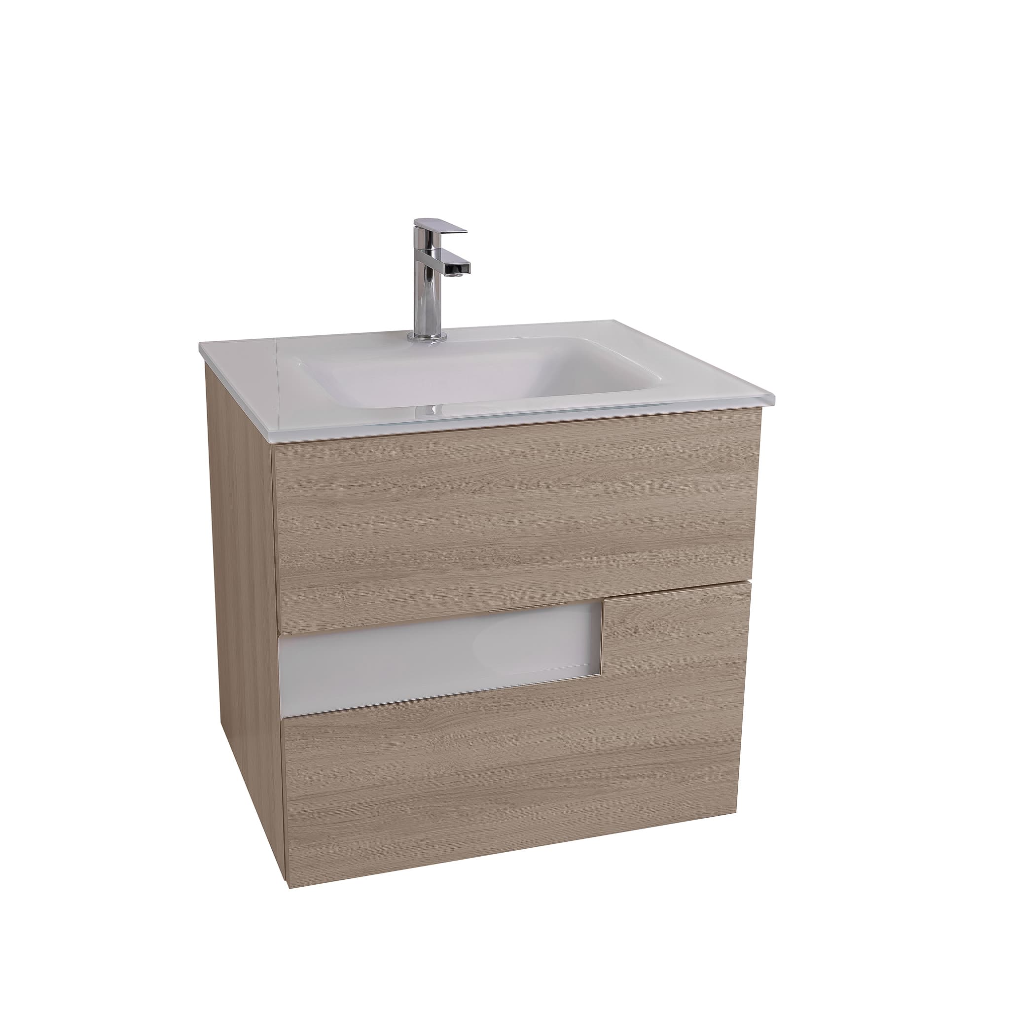 Vision 23.5 Natural Light  Wood Cabinet, White Tempered Glass Sink, Wall Mounted Modern Vanity Set