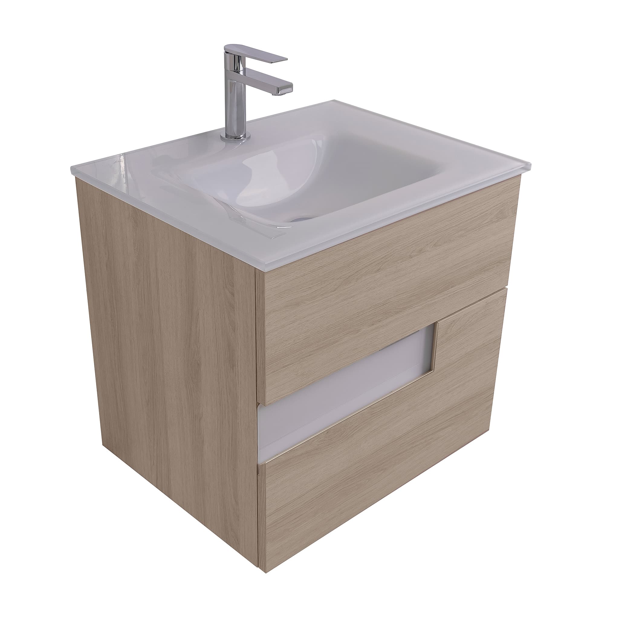 Vision 23.5 Natural Light  Wood Cabinet, White Tempered Glass Sink, Wall Mounted Modern Vanity Set