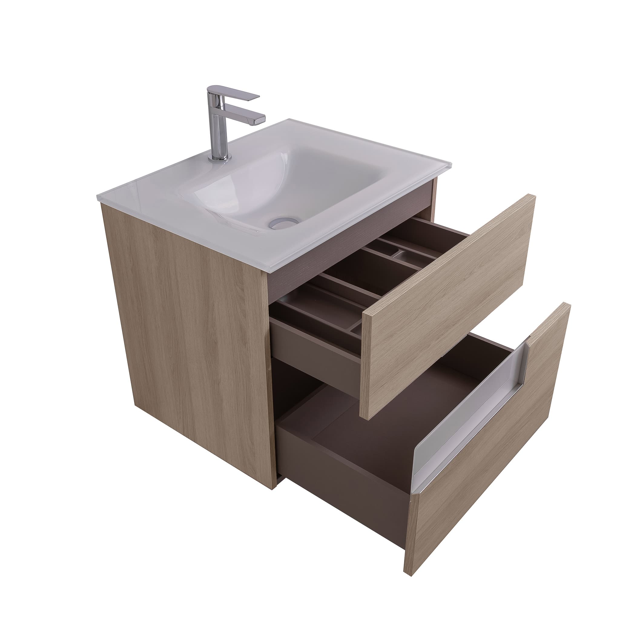 Vision 23.5 Natural Light  Wood Cabinet, White Tempered Glass Sink, Wall Mounted Modern Vanity Set