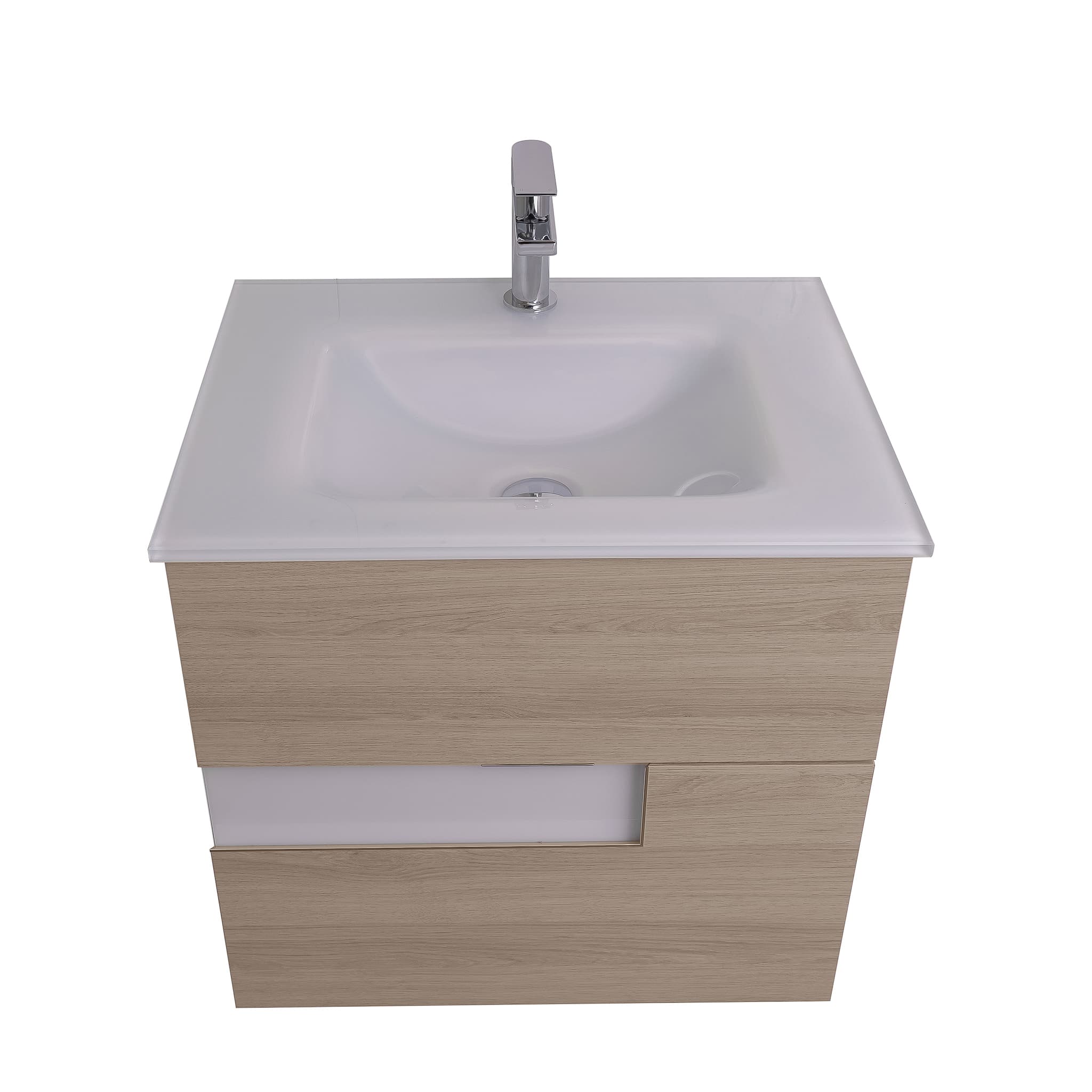 Vision 23.5 Natural Light  Wood Cabinet, White Tempered Glass Sink, Wall Mounted Modern Vanity Set