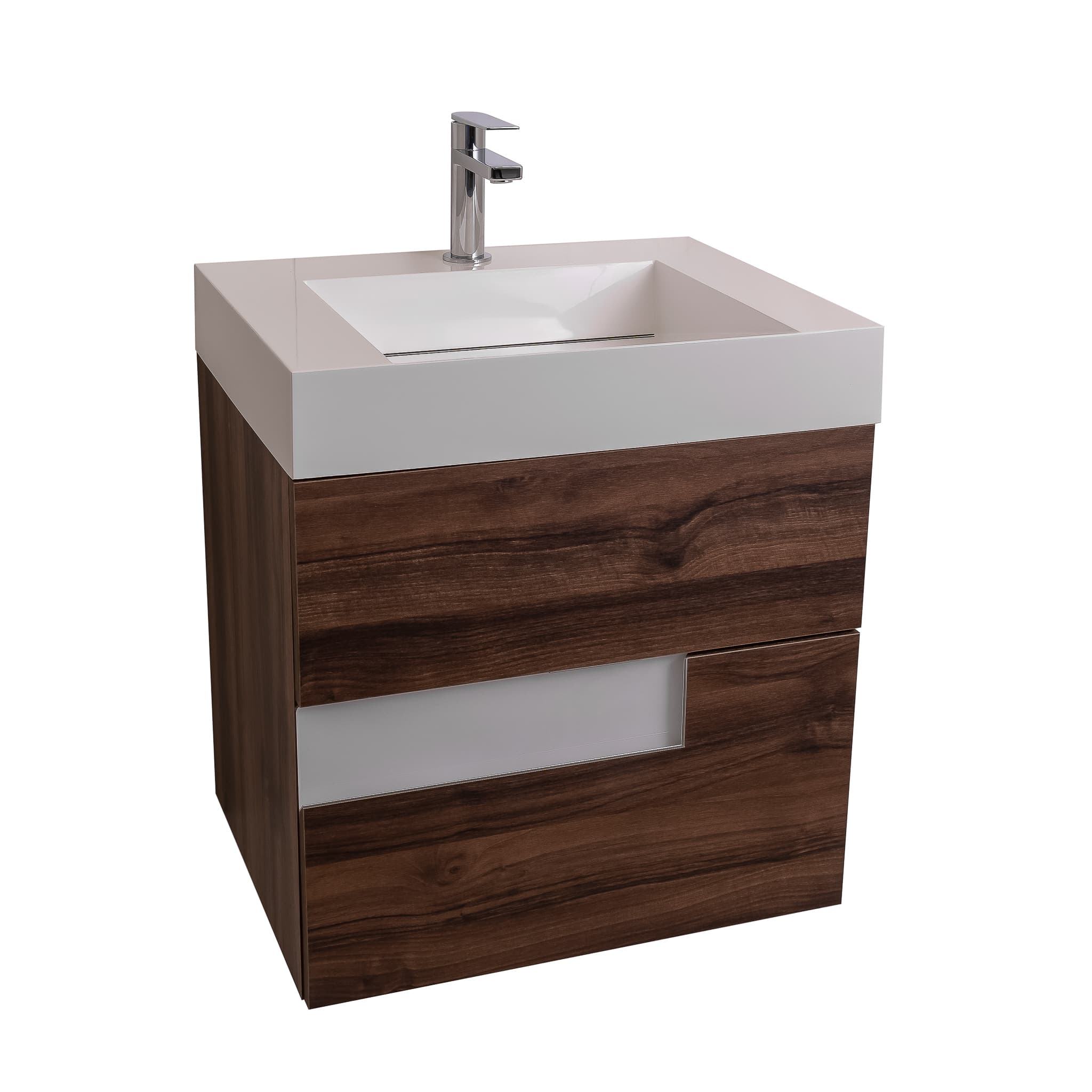 Vision 23.5 Valenti Medium Brown Wood Cabinet, Infinity Cultured Marble Sink, Wall Mounted Modern Vanity Set