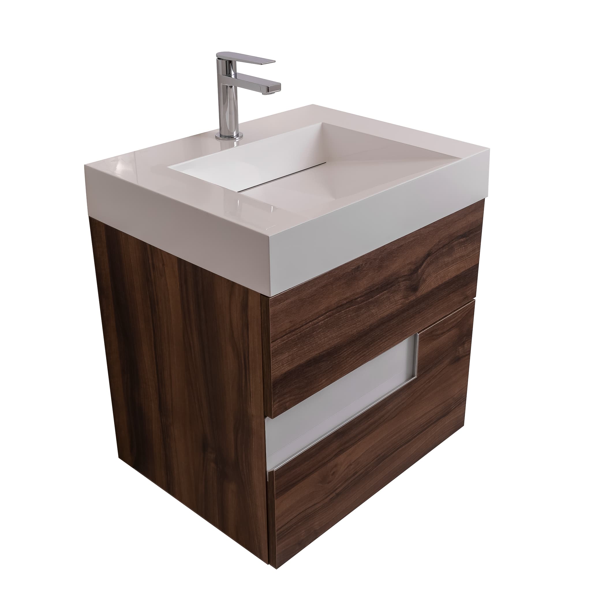 Vision 23.5 Valenti Medium Brown Wood Cabinet, Infinity Cultured Marble Sink, Wall Mounted Modern Vanity Set