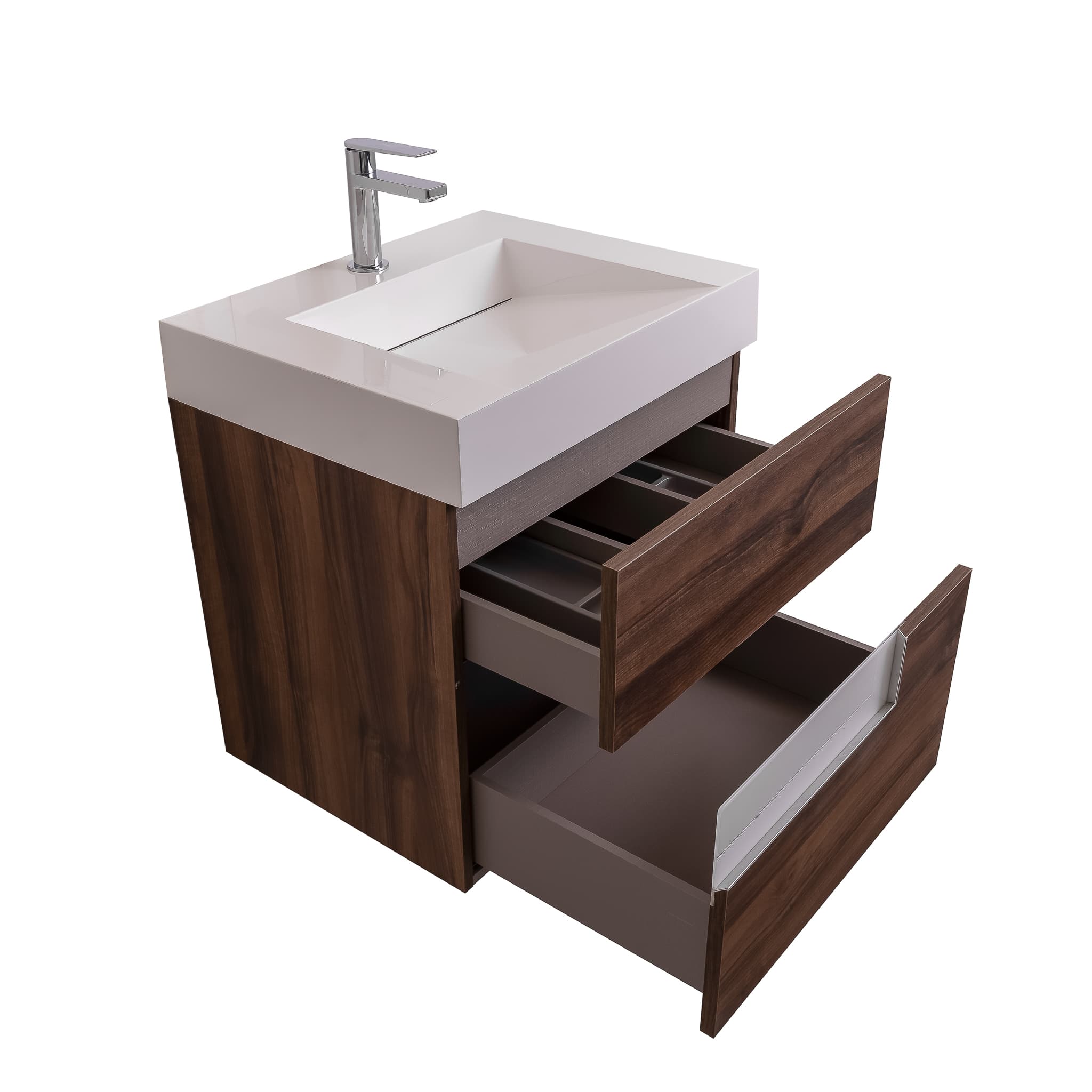 Vision 23.5 Valenti Medium Brown Wood Cabinet, Infinity Cultured Marble Sink, Wall Mounted Modern Vanity Set