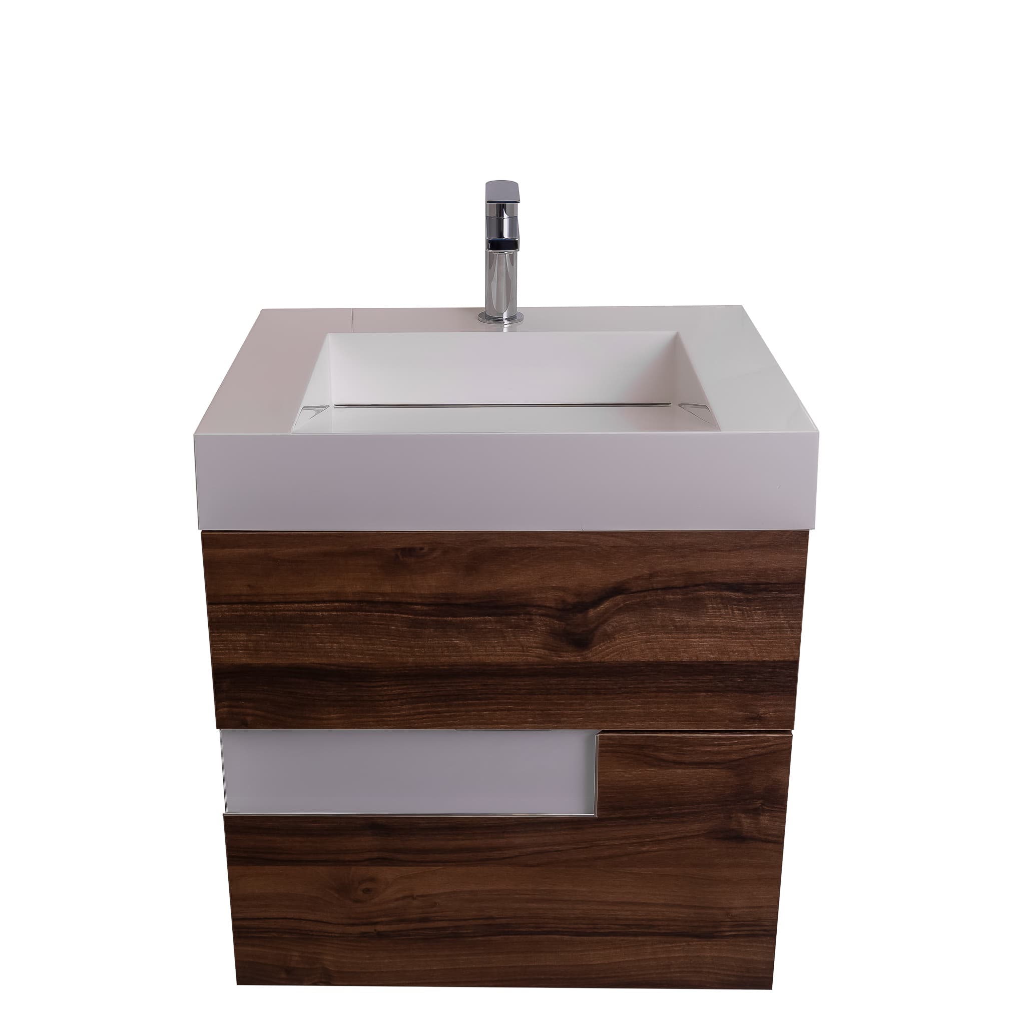 Vision 23.5 Valenti Medium Brown Wood Cabinet, Infinity Cultured Marble Sink, Wall Mounted Modern Vanity Set