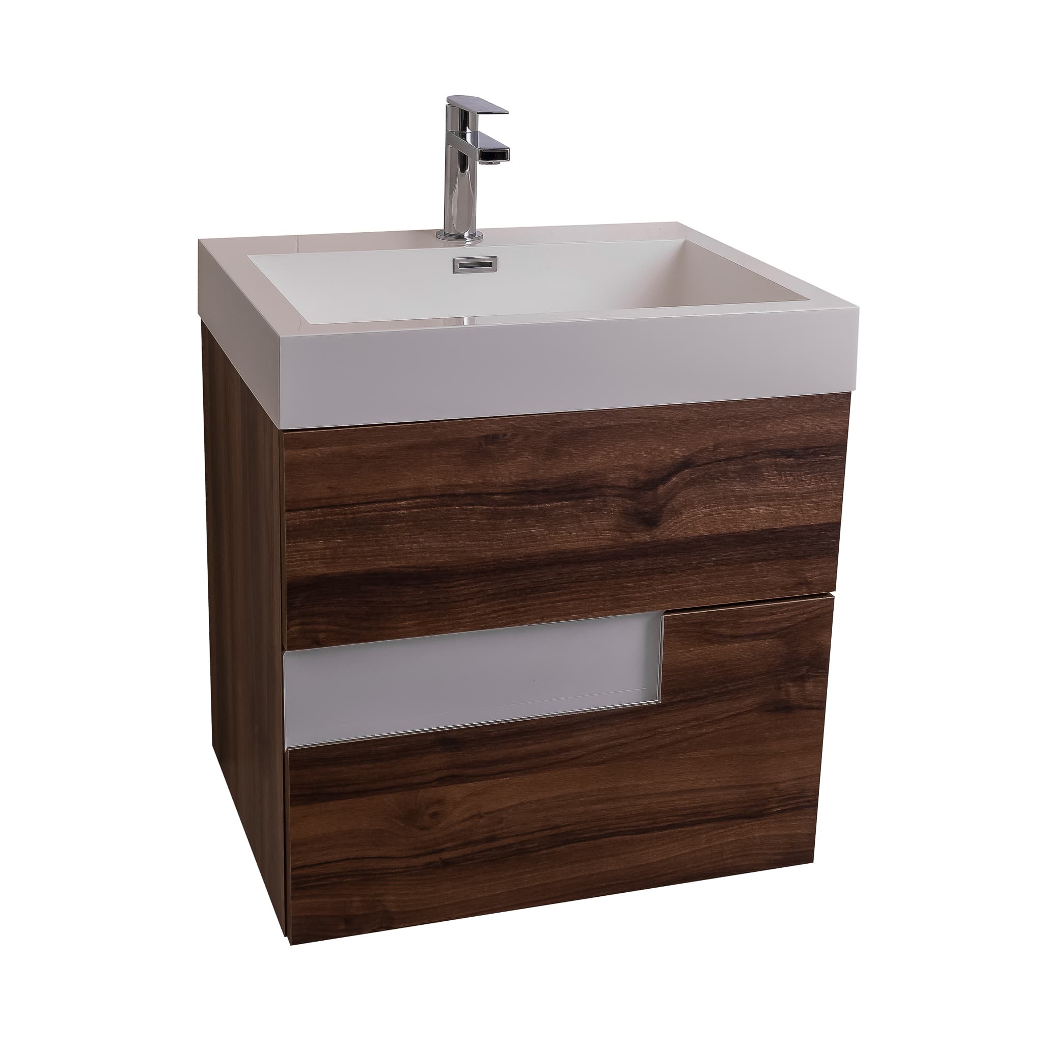 Vision 23.5 Valenti Medium Brown Wood Cabinet, Square Cultured Marble Sink, Wall Mounted Modern Vanity Set