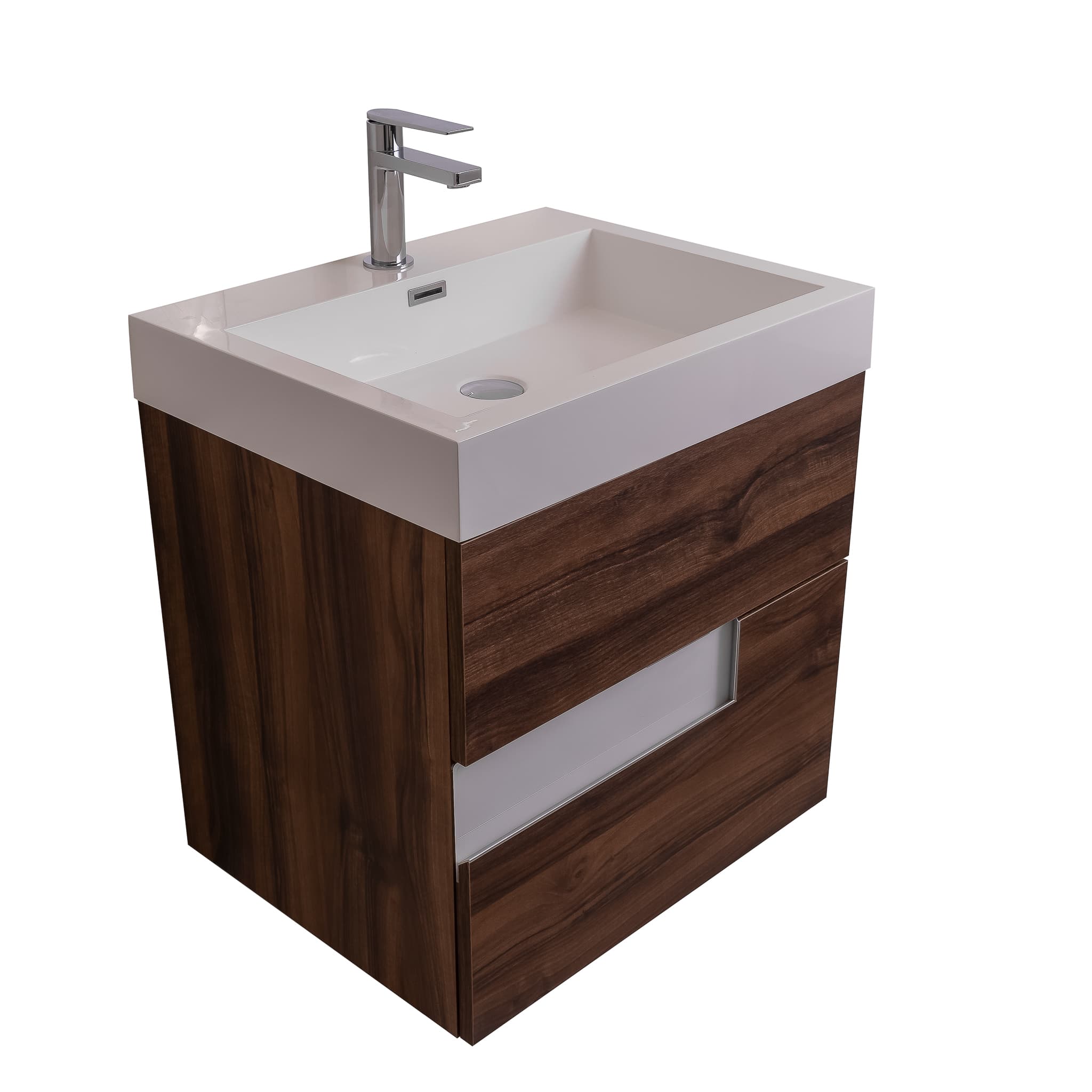 Vision 23.5 Valenti Medium Brown Wood Cabinet, Square Cultured Marble Sink, Wall Mounted Modern Vanity Set