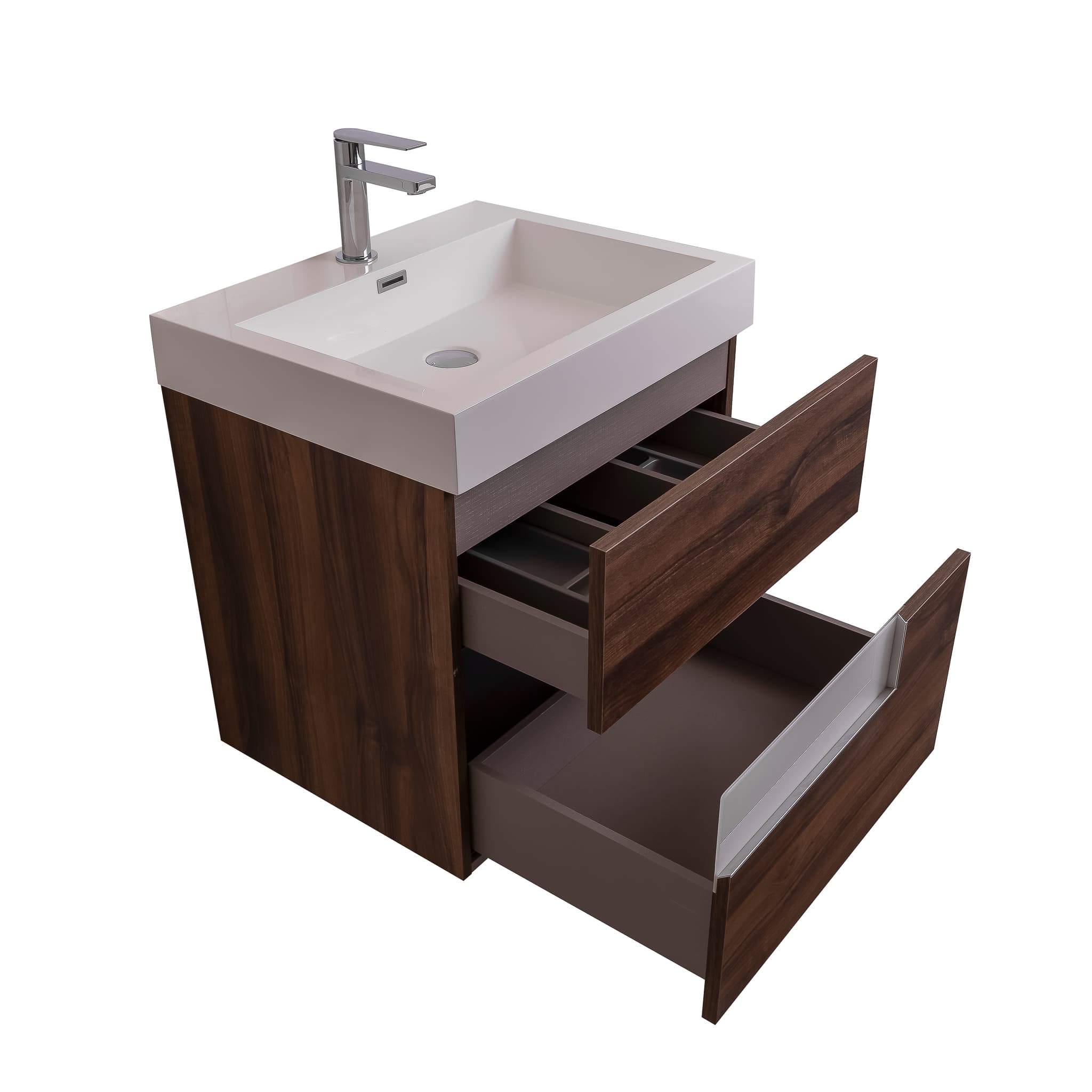 Vision 23.5 Valenti Medium Brown Wood Cabinet, Square Cultured Marble Sink, Wall Mounted Modern Vanity Set