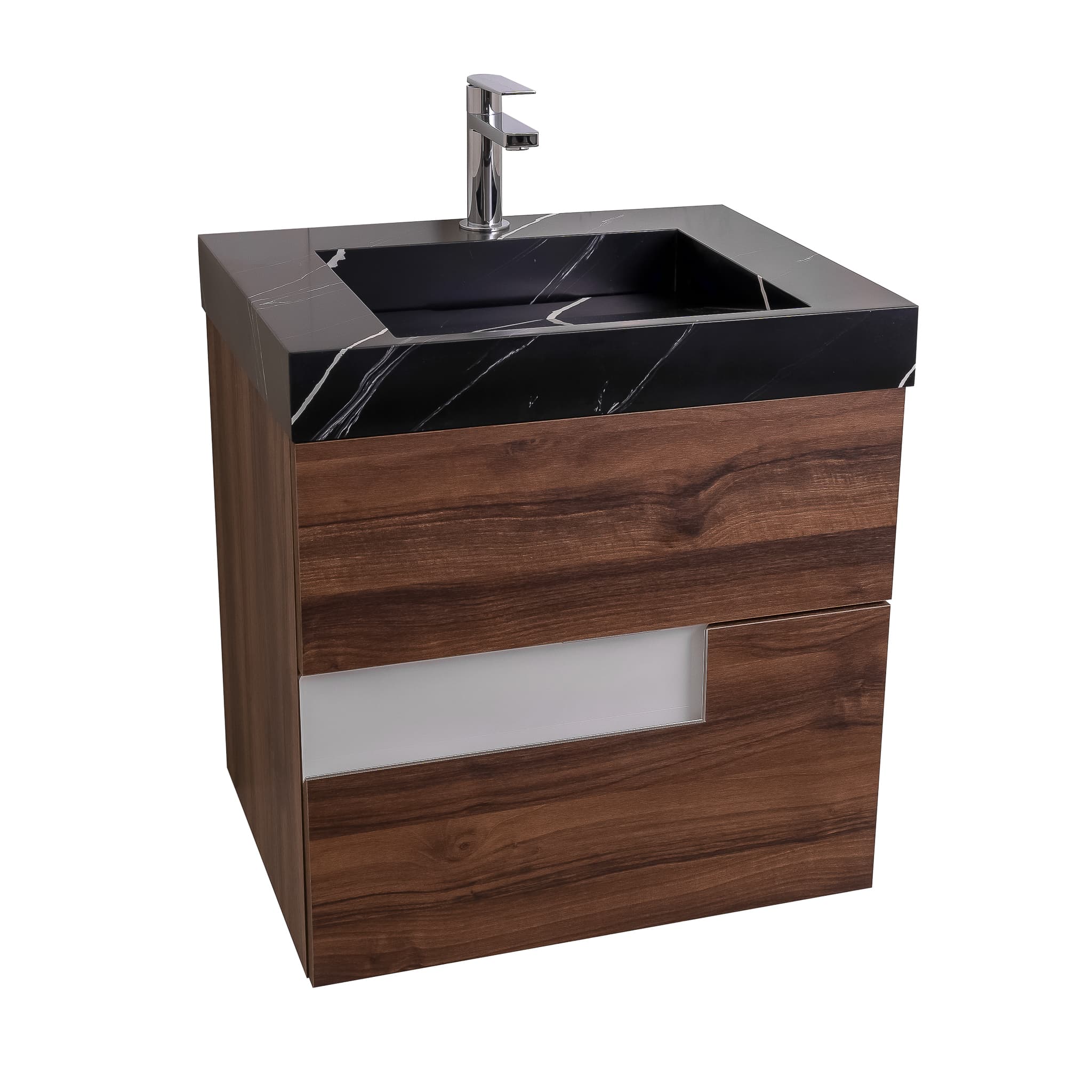 Vision 23.5 Valenti Medium Brown Wood Cabinet, Solid Surface Matte Black Carrara Infinity Sink, Wall Mounted Modern Vanity Set