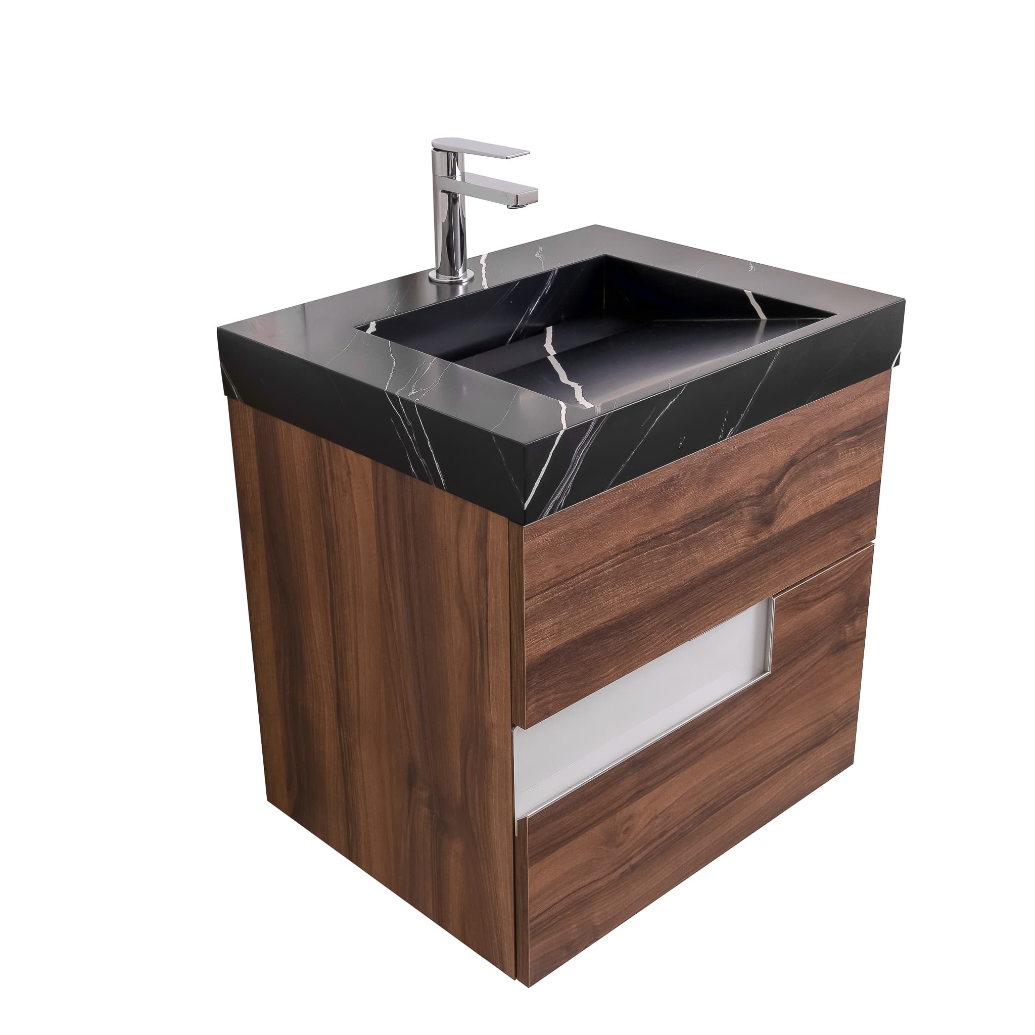 Vision 23.5 Valenti Medium Brown Wood Cabinet, Solid Surface Matte Black Carrara Infinity Sink, Wall Mounted Modern Vanity Set