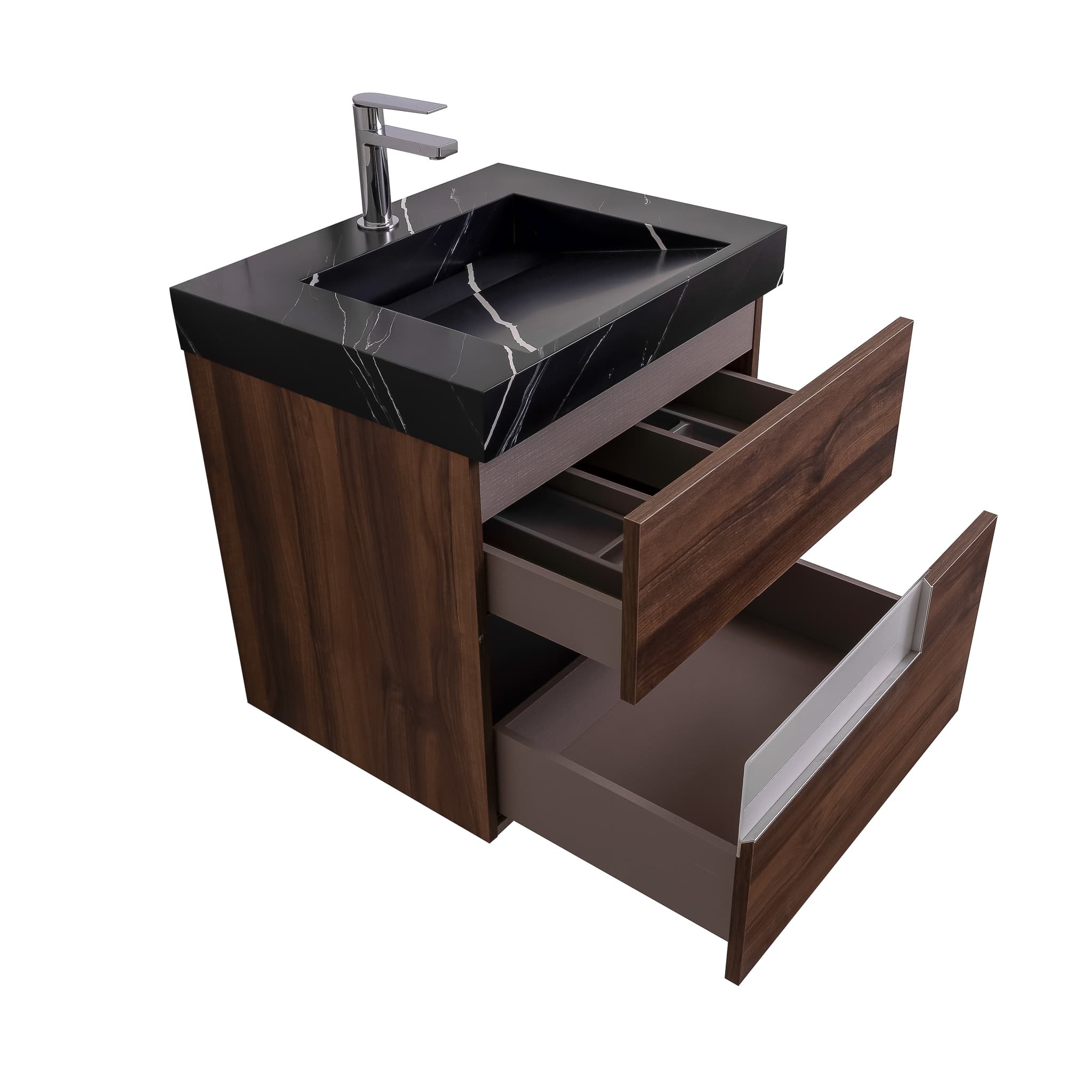 Vision 23.5 Valenti Medium Brown Wood Cabinet, Solid Surface Matte Black Carrara Infinity Sink, Wall Mounted Modern Vanity Set