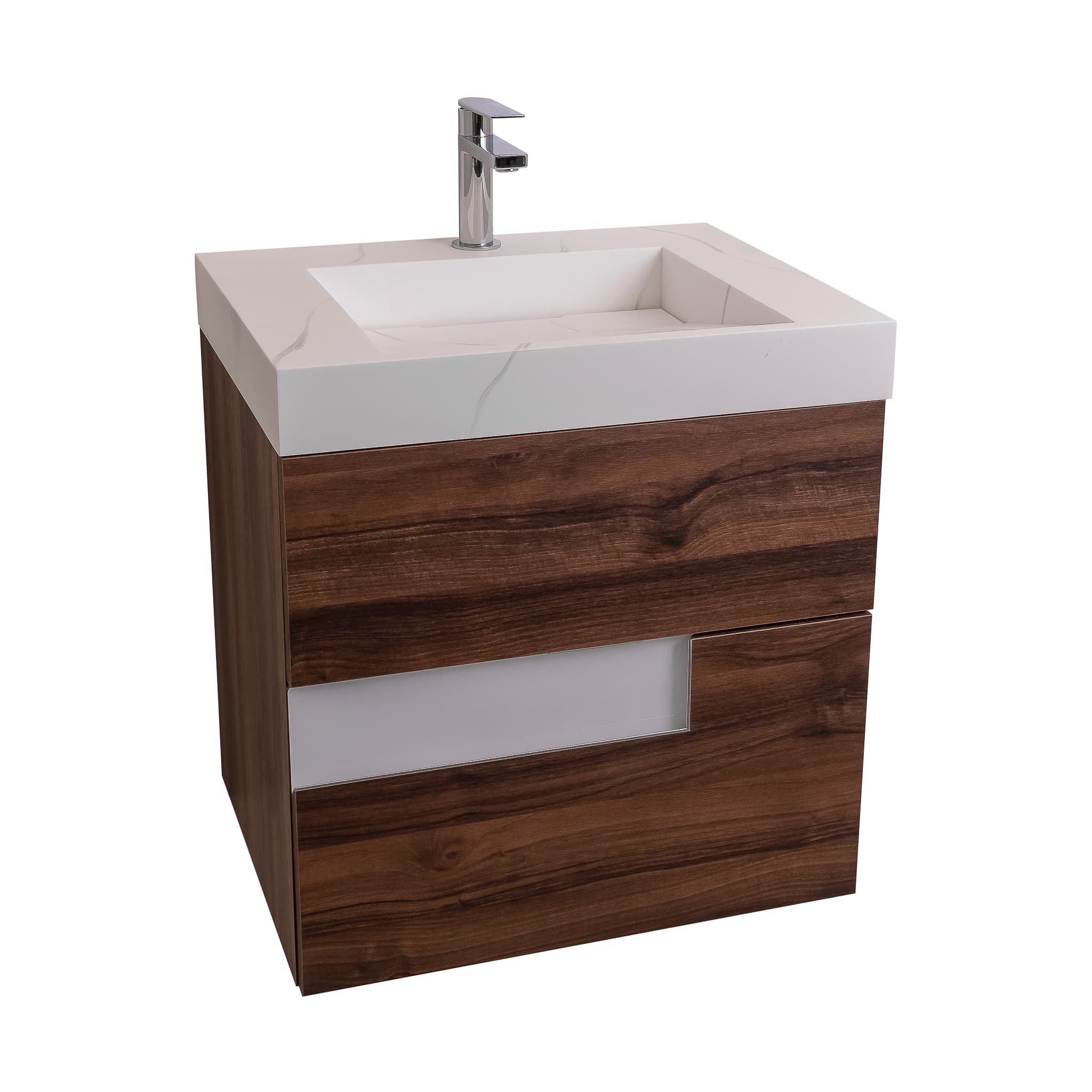 Vision 23.5 Valenti Medium Brown Wood Cabinet, Solid Surface Matte White Top Carrara Infinity Sink, Wall Mounted Modern Vanity Set