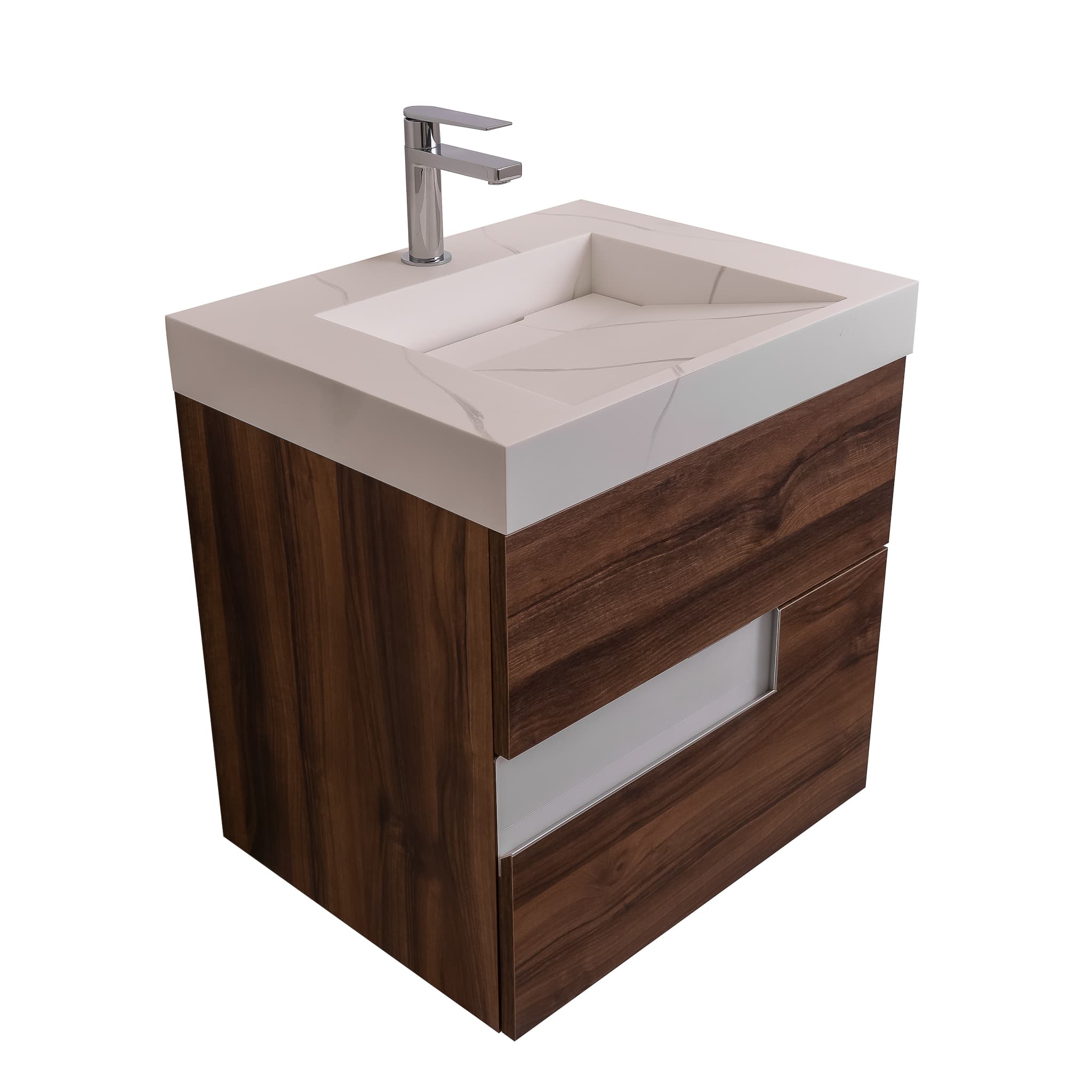 Vision 23.5 Valenti Medium Brown Wood Cabinet, Solid Surface Matte White Top Carrara Infinity Sink, Wall Mounted Modern Vanity Set