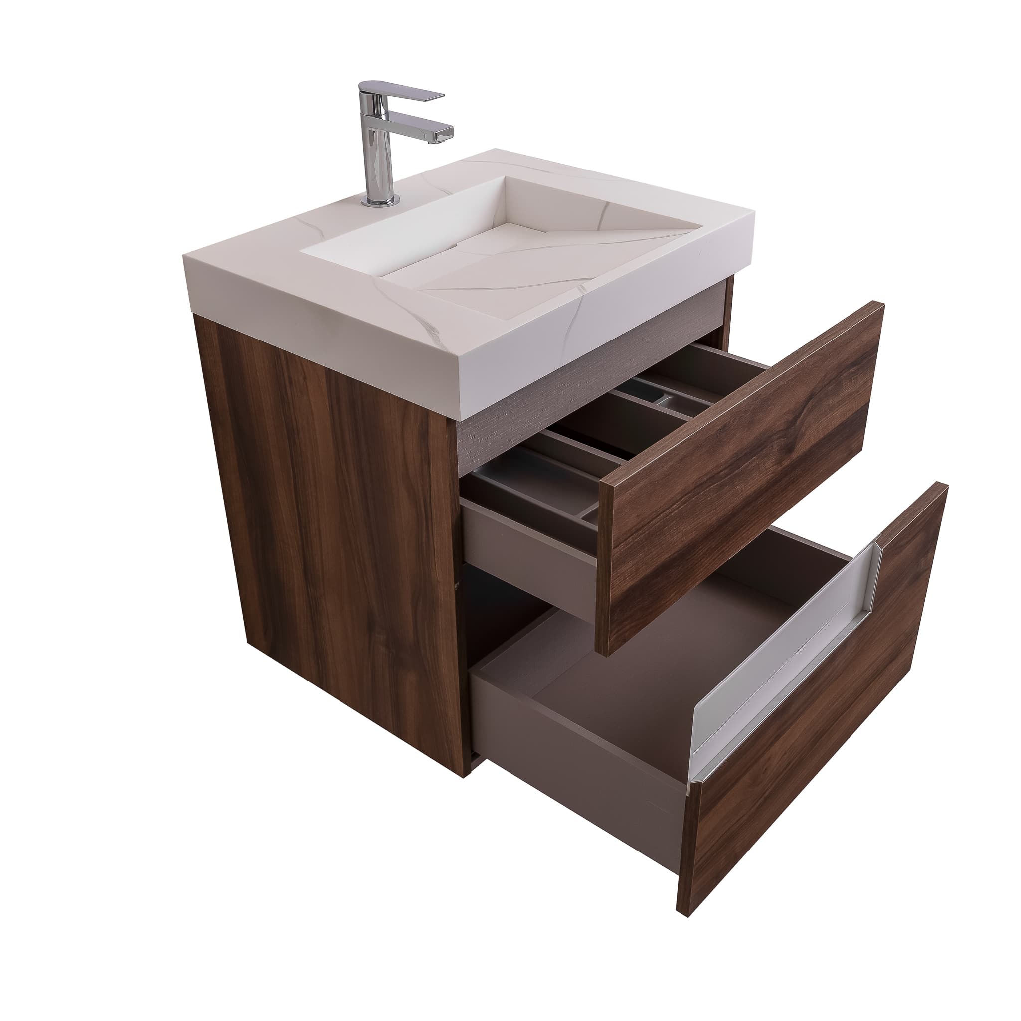 Vision 23.5 Valenti Medium Brown Wood Cabinet, Solid Surface Matte White Top Carrara Infinity Sink, Wall Mounted Modern Vanity Set