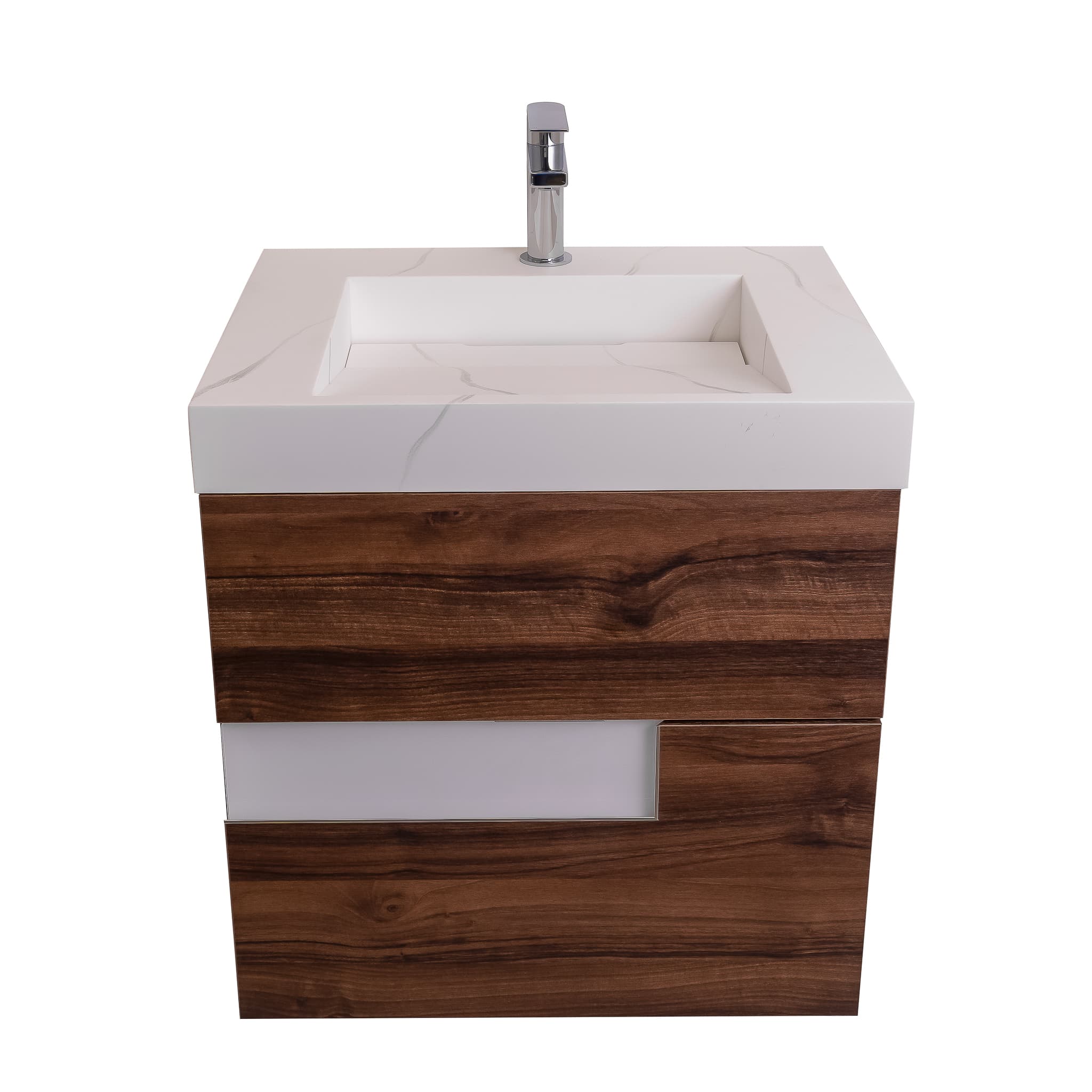 Vision 23.5 Valenti Medium Brown Wood Cabinet, Solid Surface Matte White Top Carrara Infinity Sink, Wall Mounted Modern Vanity Set