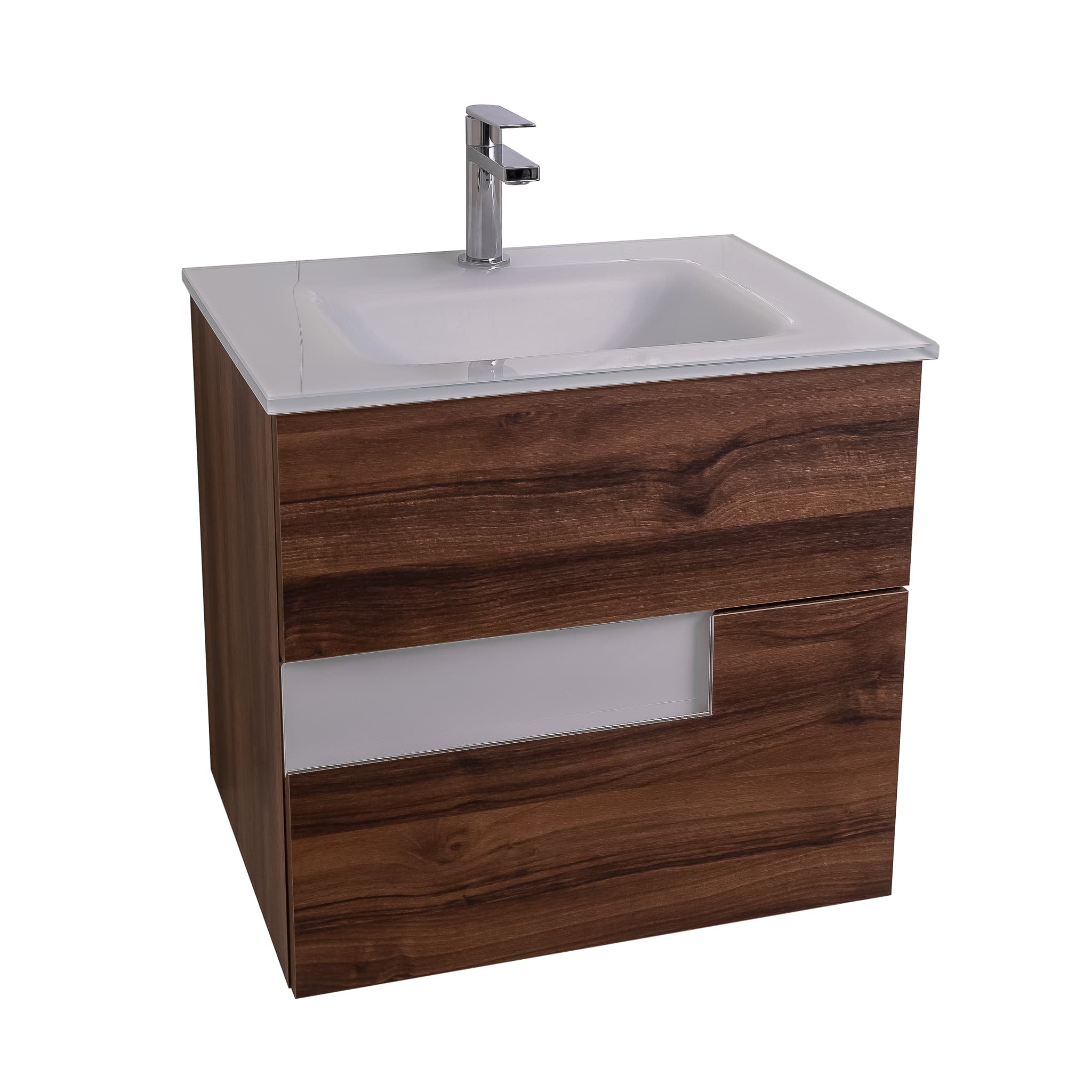 Vision 23.5 Valenti Medium Brown Wood Cabinet, White Tempered Glass Sink, Wall Mounted Modern Vanity Set