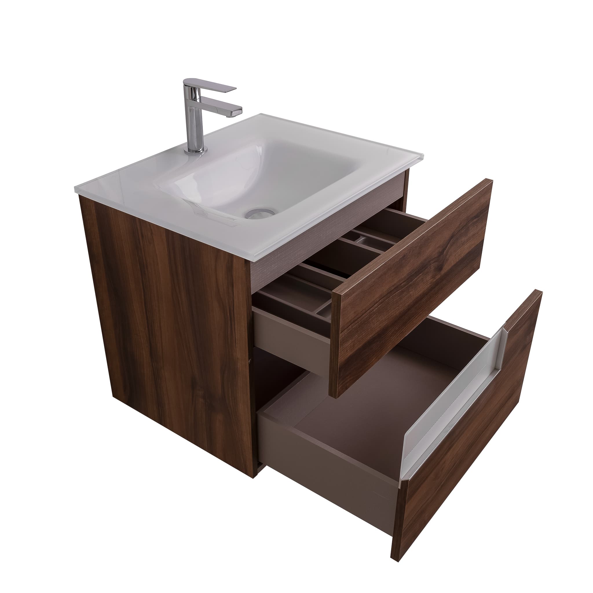 Vision 23.5 Valenti Medium Brown Wood Cabinet, White Tempered Glass Sink, Wall Mounted Modern Vanity Set